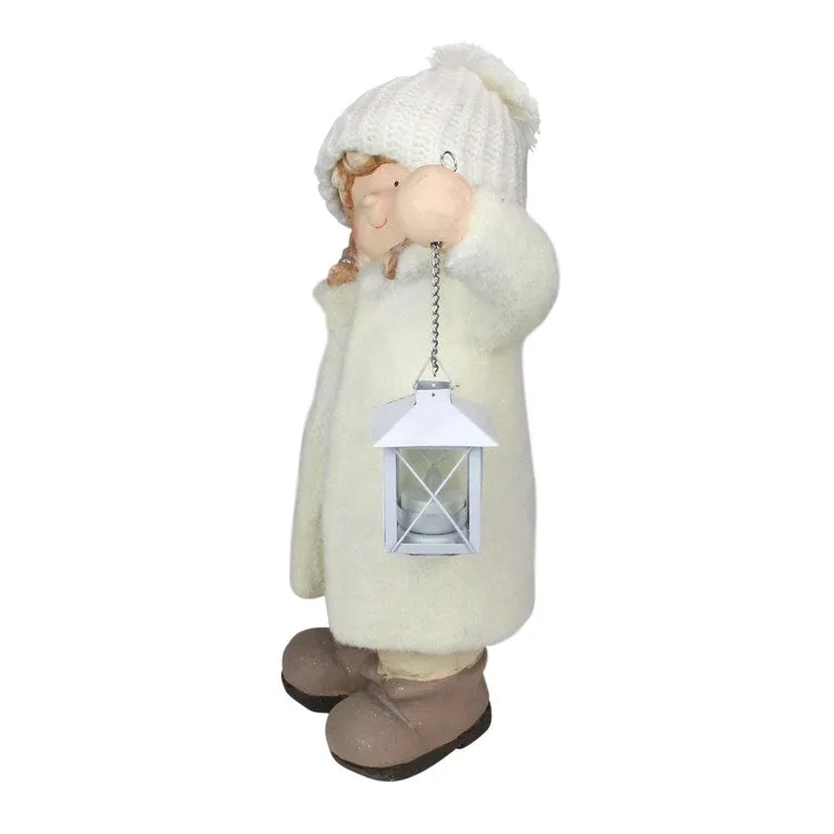 17.25" Winter Girl in White Holding a Tealight Lantern Christmas Tabletop Figurine