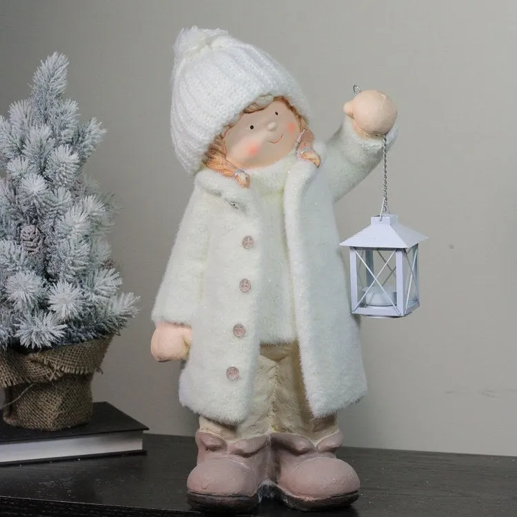 17.25" Winter Girl in White Holding a Tealight Lantern Christmas Tabletop Figurine
