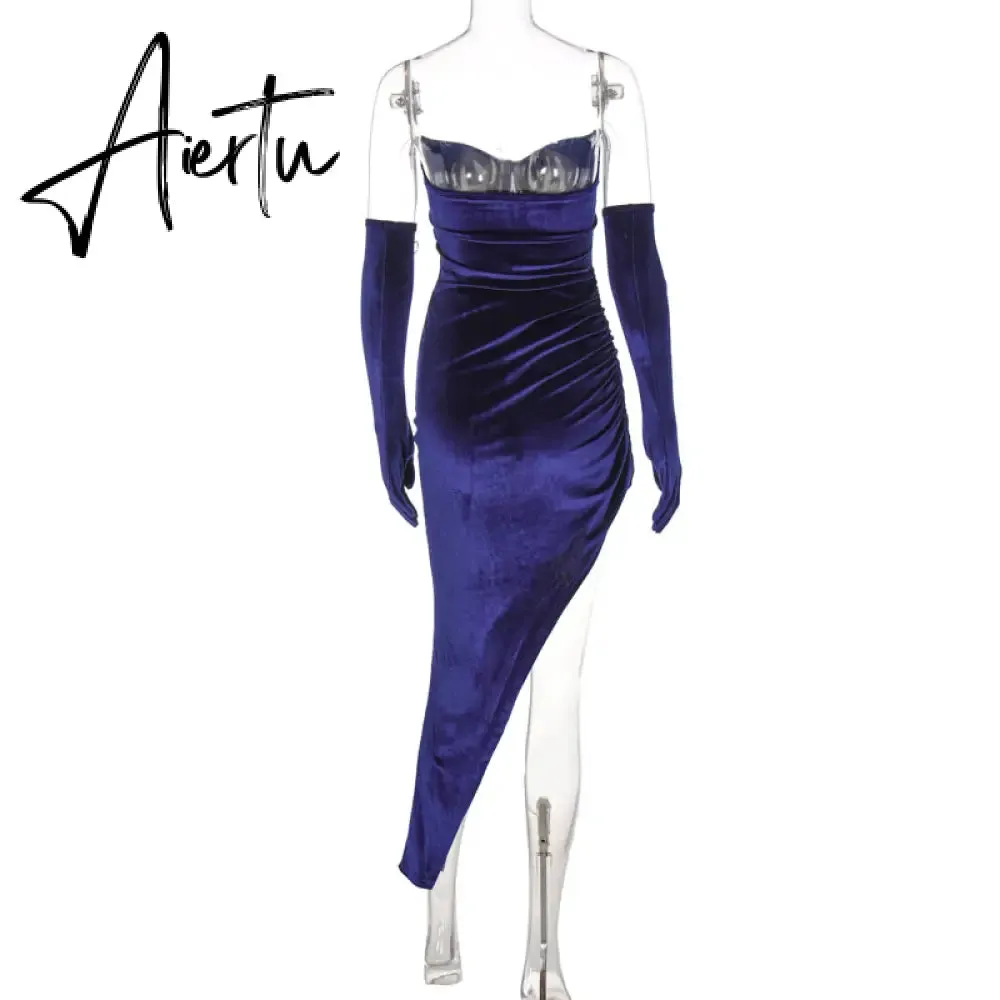 Aiertu Velvet Off Shoulder With Gloves Irregular Mini Dress Solid Fall Bodycon Evening Party Elegant Vestido