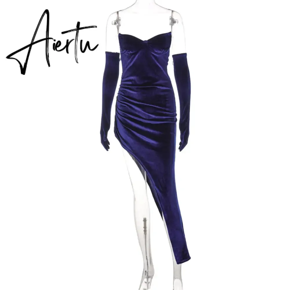 Aiertu Velvet Off Shoulder With Gloves Irregular Mini Dress Solid Fall Bodycon Evening Party Elegant Vestido