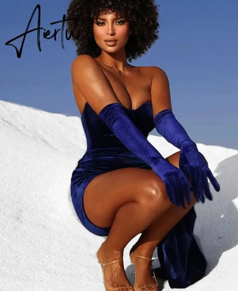 Aiertu Velvet Off Shoulder With Gloves Irregular Mini Dress Solid Fall Bodycon Evening Party Elegant Vestido