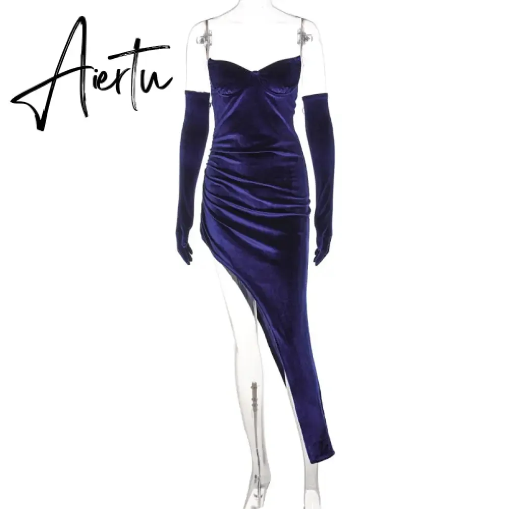 Aiertu Velvet Off Shoulder With Gloves Irregular Mini Dress Solid Fall Bodycon Evening Party Elegant Vestido