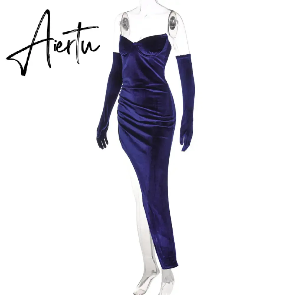 Aiertu Velvet Off Shoulder With Gloves Irregular Mini Dress Solid Fall Bodycon Evening Party Elegant Vestido