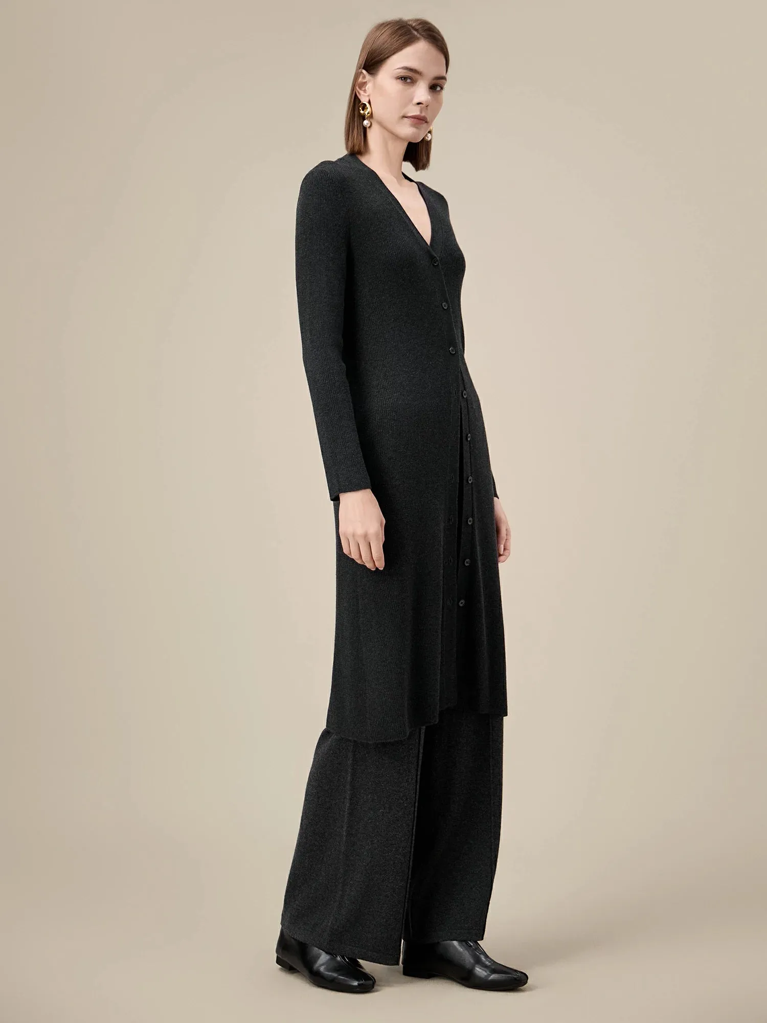 Amoretu Silk & Wool Long Sleeve Button Down Knit Dress