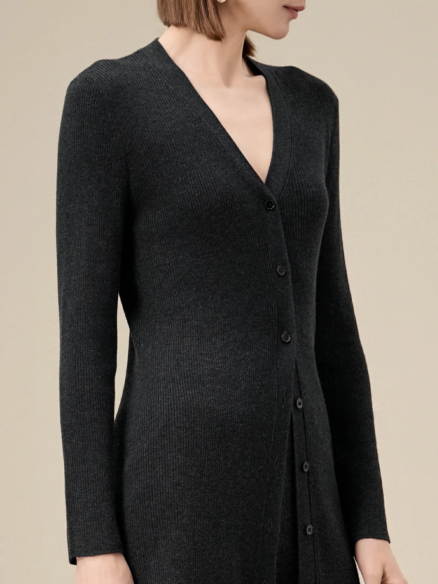 Amoretu Silk & Wool Long Sleeve Button Down Knit Dress