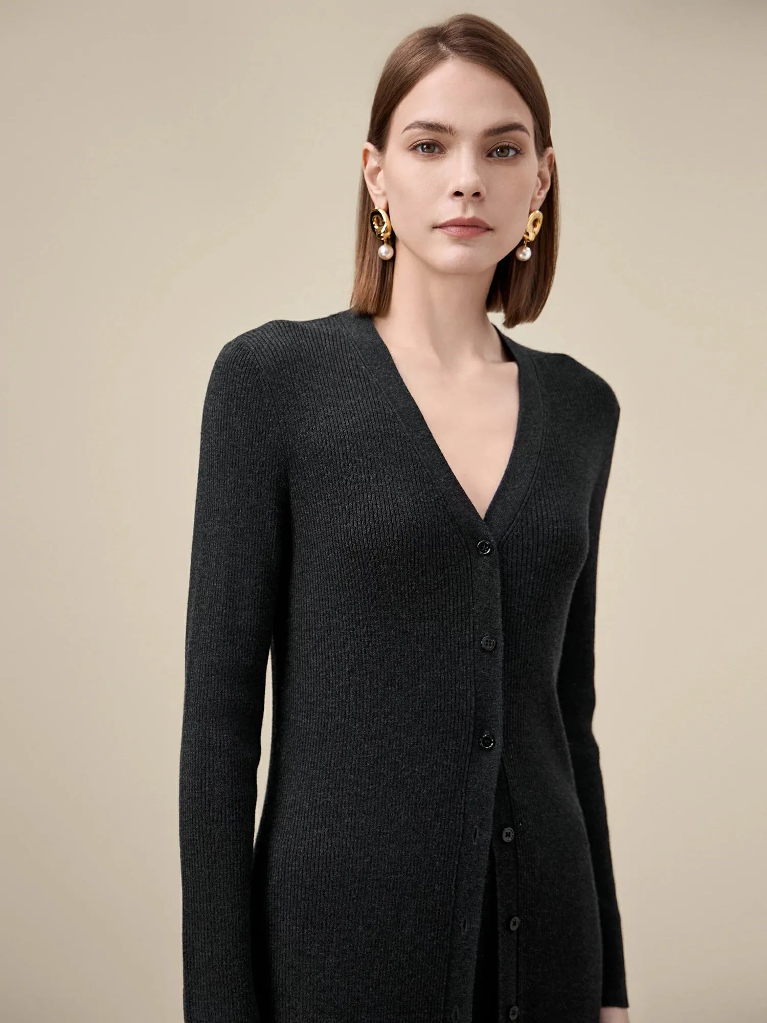 Amoretu Silk & Wool Long Sleeve Button Down Knit Dress