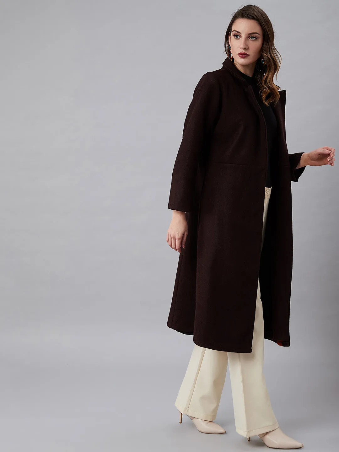 Athena Women Brown & Rust Orange Solid Longline Front-Open Wool Overcoat