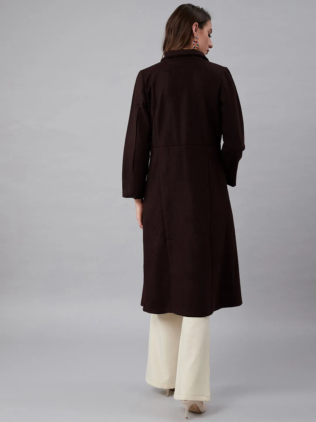 Athena Women Brown & Rust Orange Solid Longline Front-Open Wool Overcoat