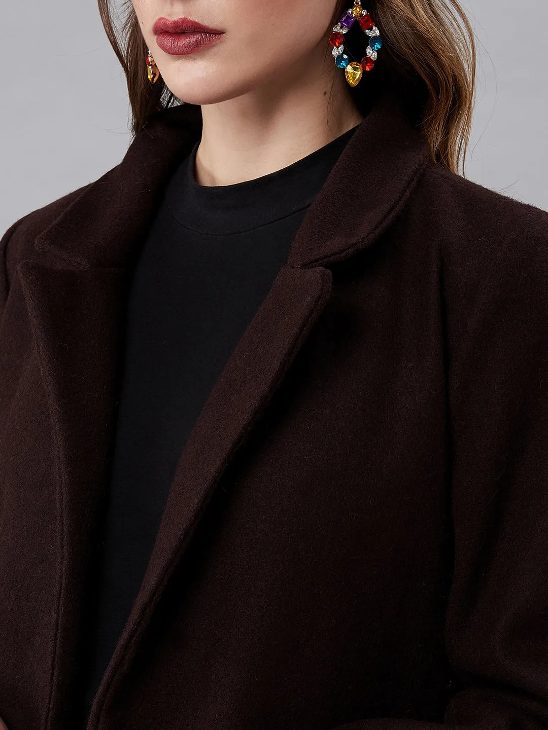 Athena Women Brown & Rust Orange Solid Longline Front-Open Wool Overcoat