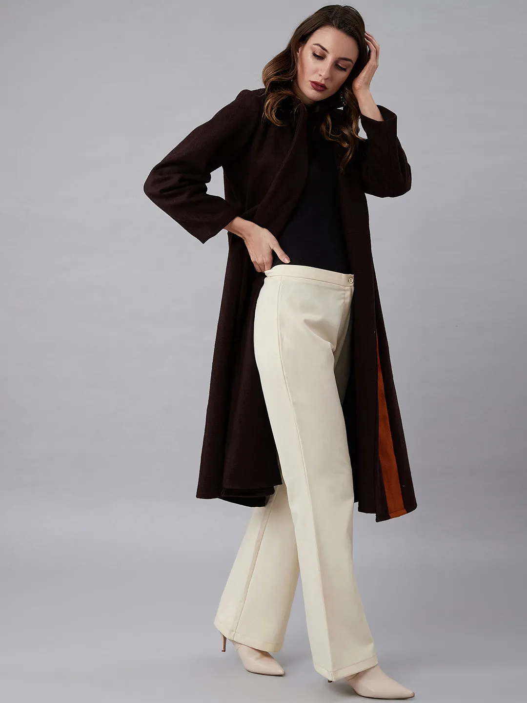 Athena Women Brown & Rust Orange Solid Longline Front-Open Wool Overcoat