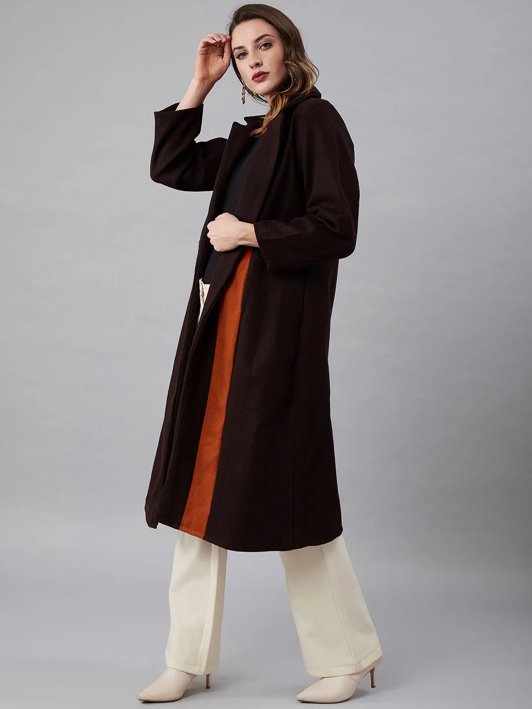 Athena Women Brown & Rust Orange Solid Longline Front-Open Wool Overcoat