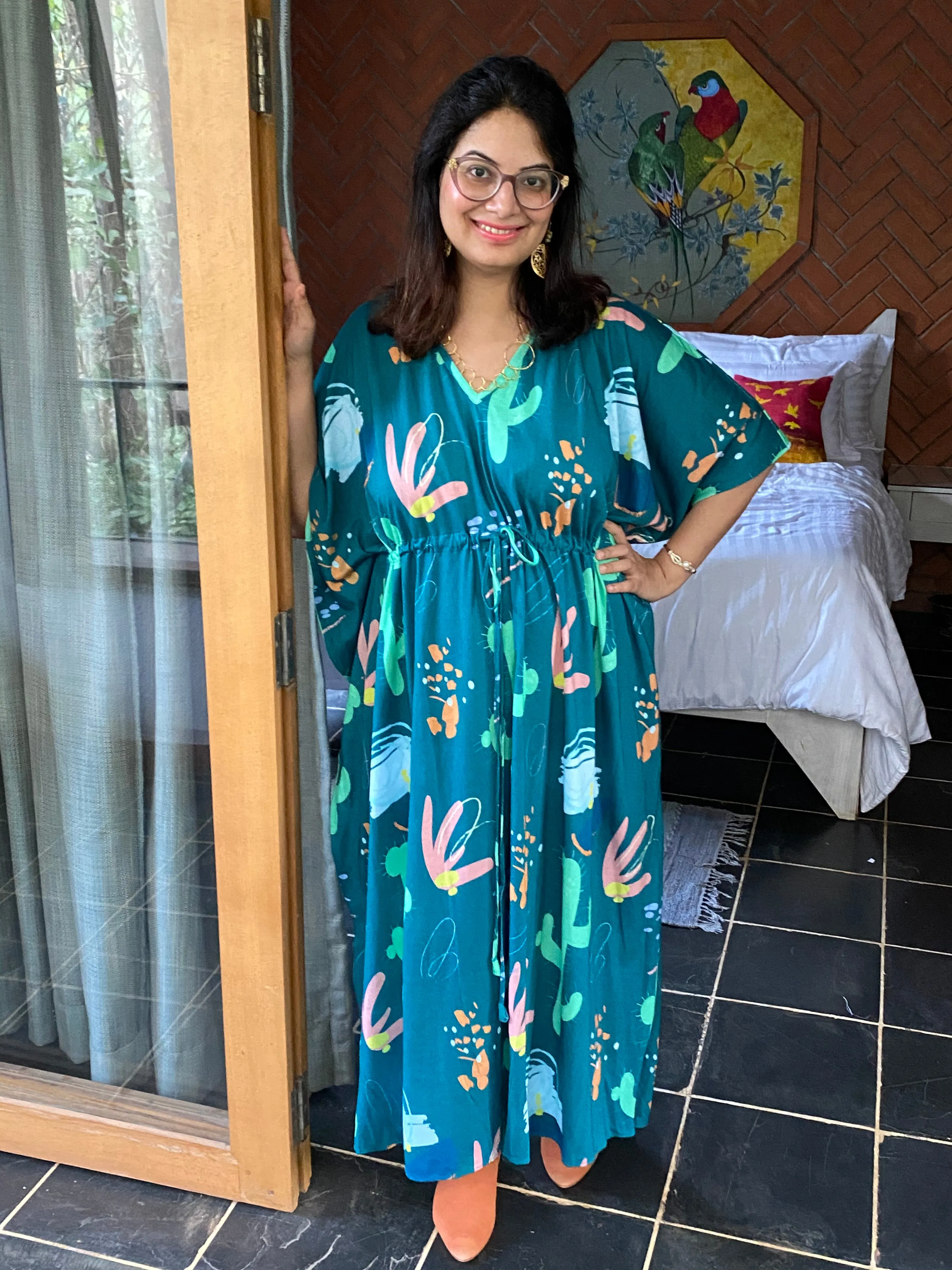 Colorful Cactus "Timeless" Style Kaftan | Soft Jersey Knit Organic Cotton | Perfect Loungewear House Dress