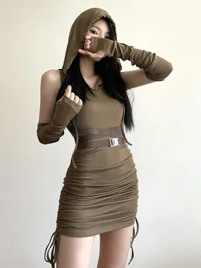 Drawstring Hooded Mini Dress with Arm Sleeves