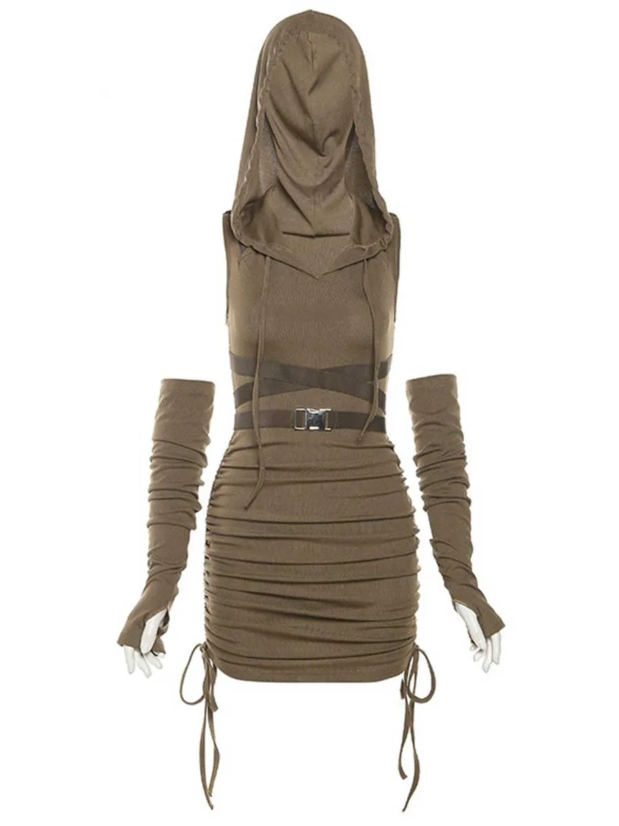 Drawstring Hooded Mini Dress with Arm Sleeves