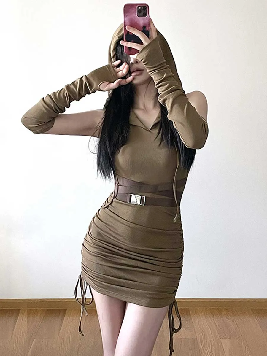 Drawstring Hooded Mini Dress with Arm Sleeves
