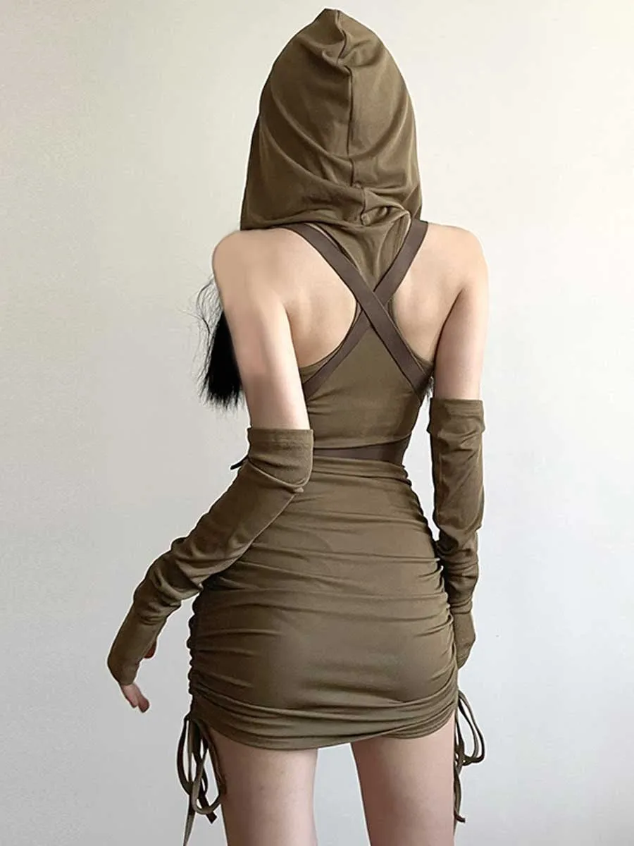 Drawstring Hooded Mini Dress with Arm Sleeves