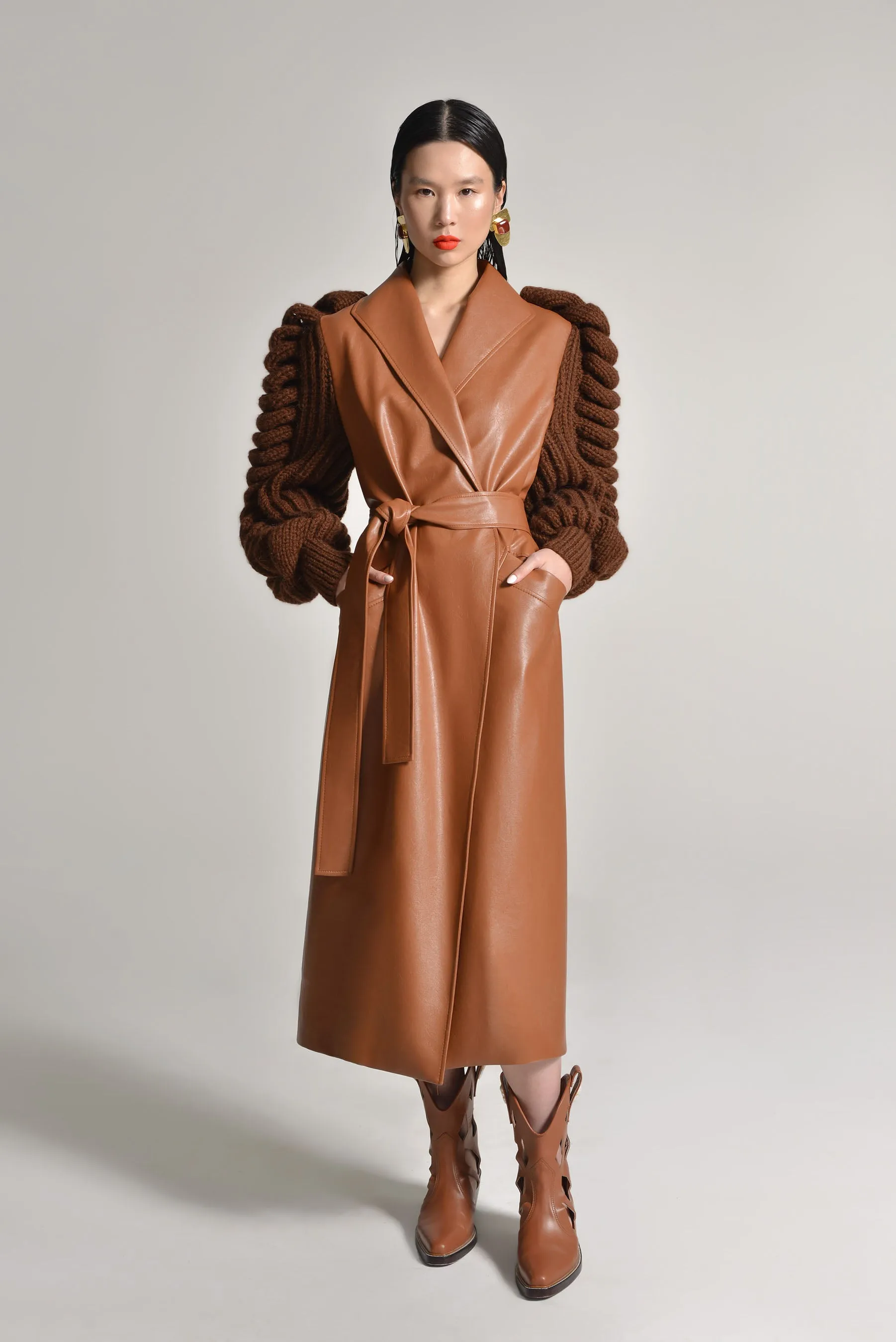Faux Leather Coat With Knitted Sleeves