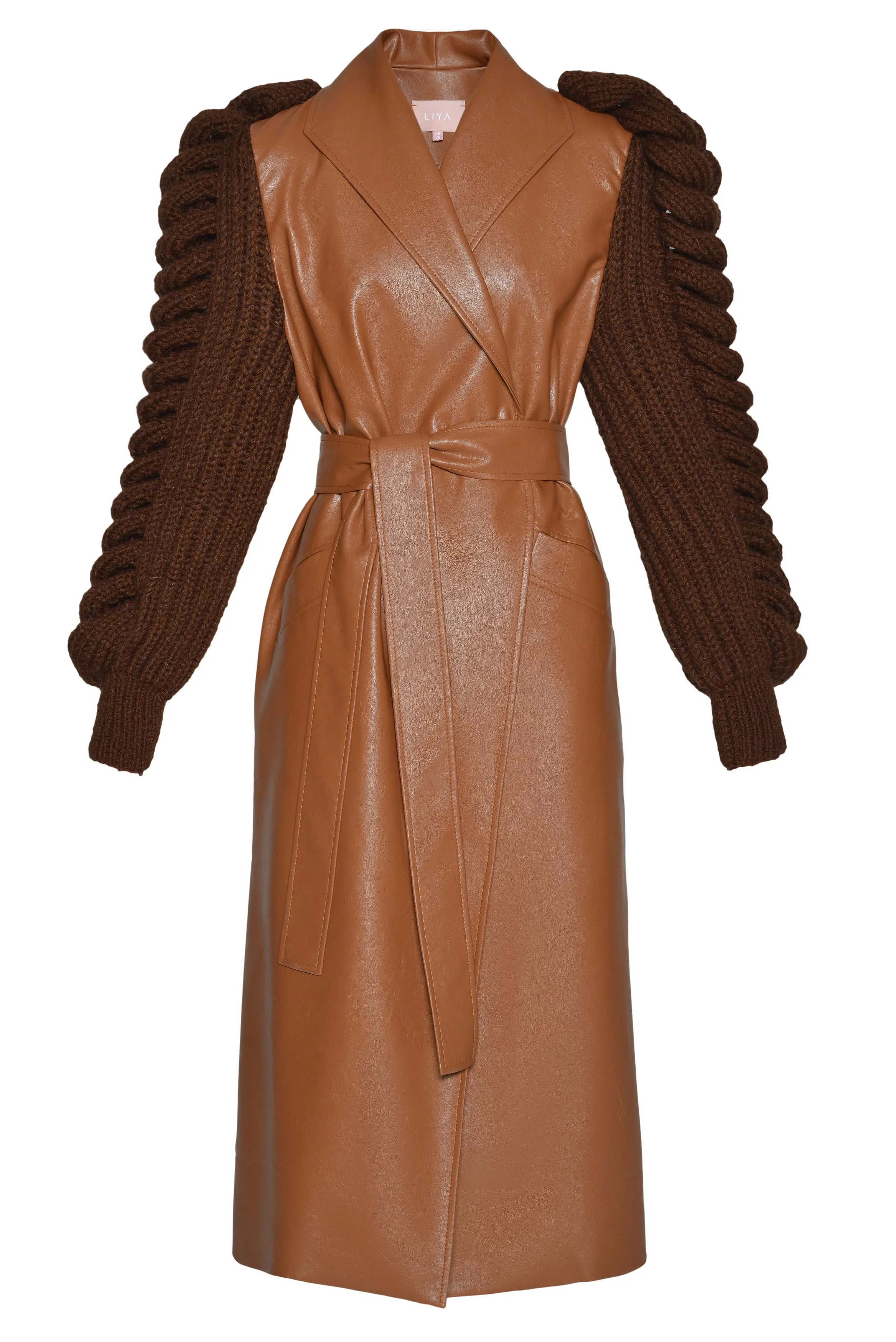Faux Leather Coat With Knitted Sleeves