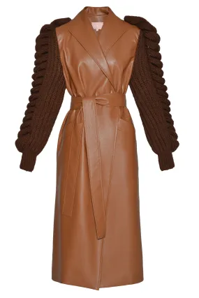 Faux Leather Coat With Knitted Sleeves