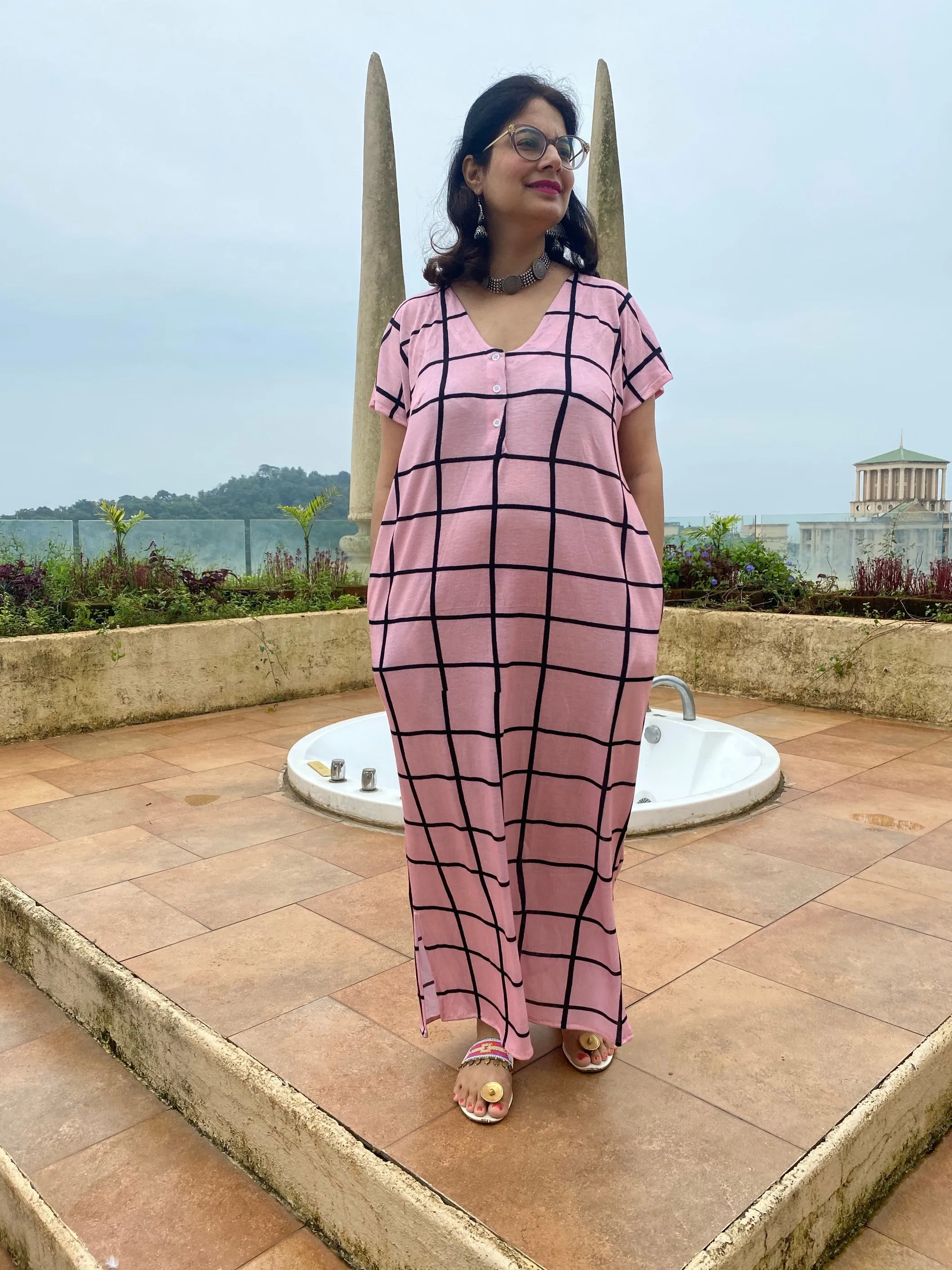 Good Old Grids "My Mojo" Lounge Dress | Soft Jersey Knit Organic Cotton | Oversized House Dress