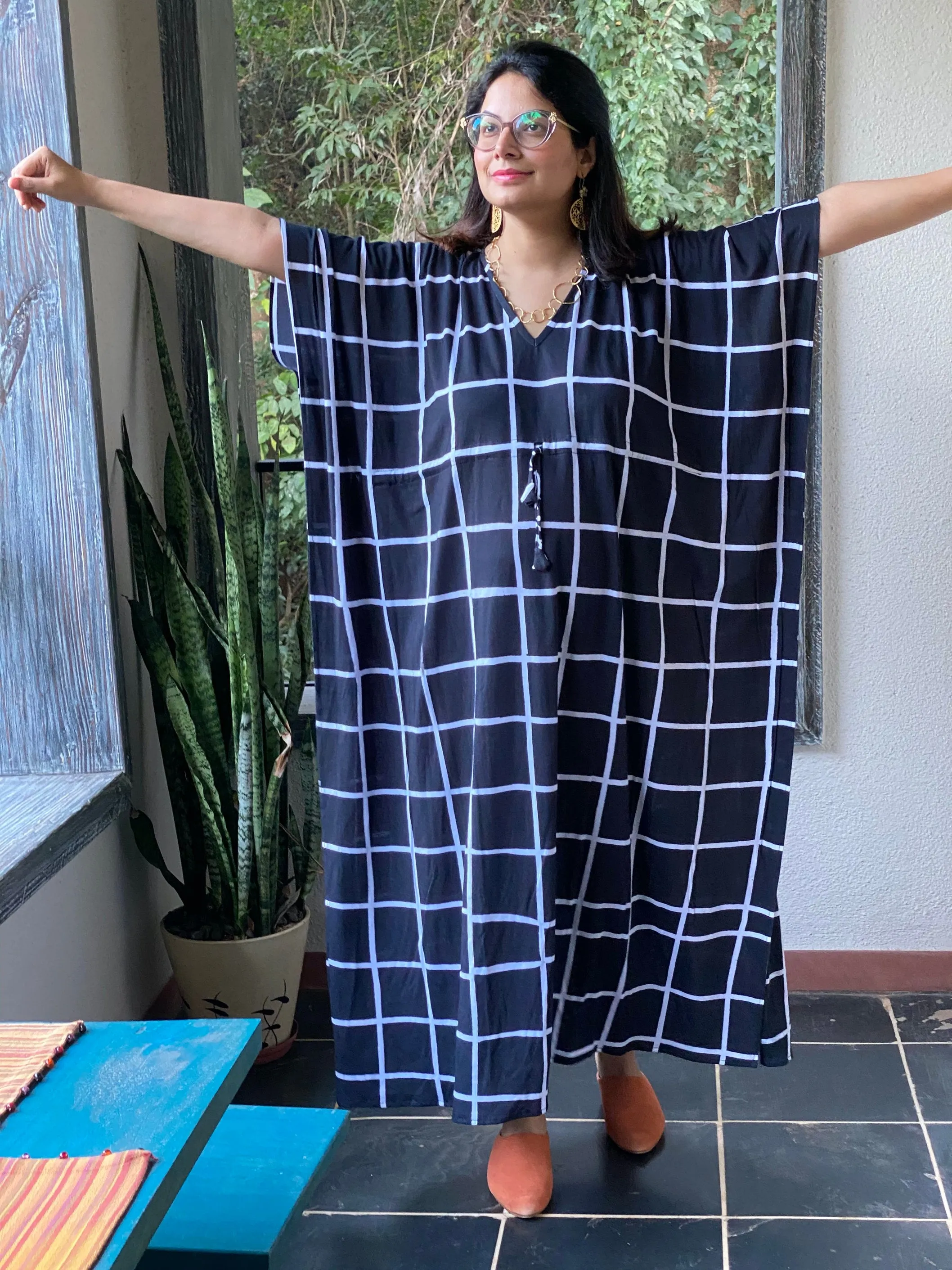 Good Old Grids "Timeless" Style Kaftan | Soft Jersey Knit Organic Cotton | Perfect Loungewear House Dress