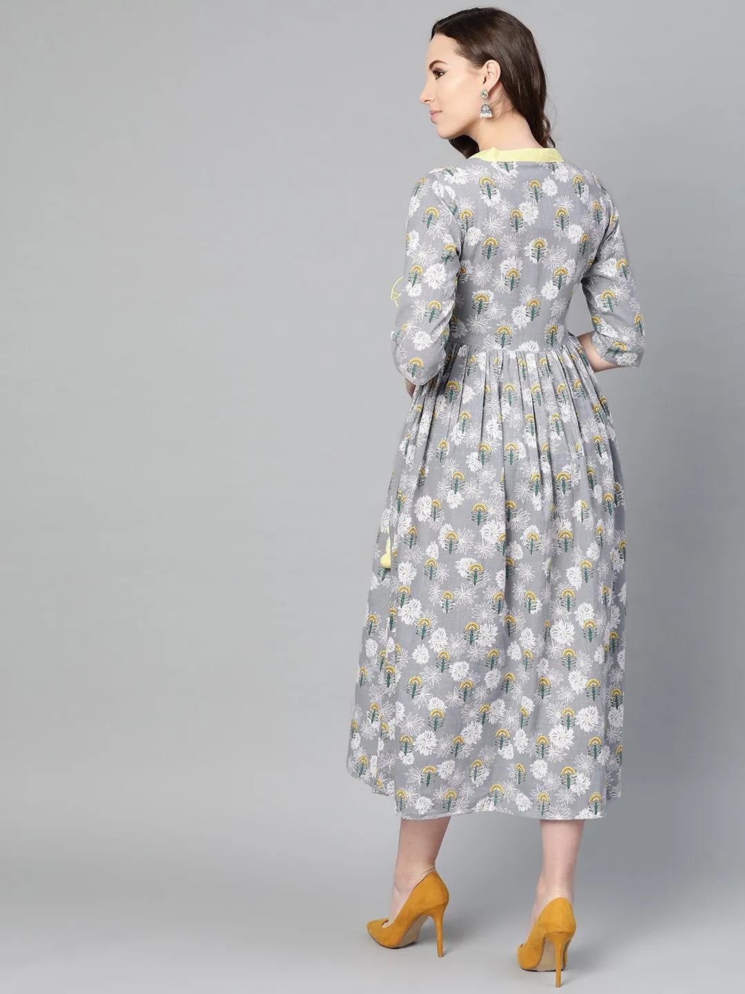 Grey Floral Printed Multi Colored Maxi Dress With Mandarin Collar & 3/4 Sleeves