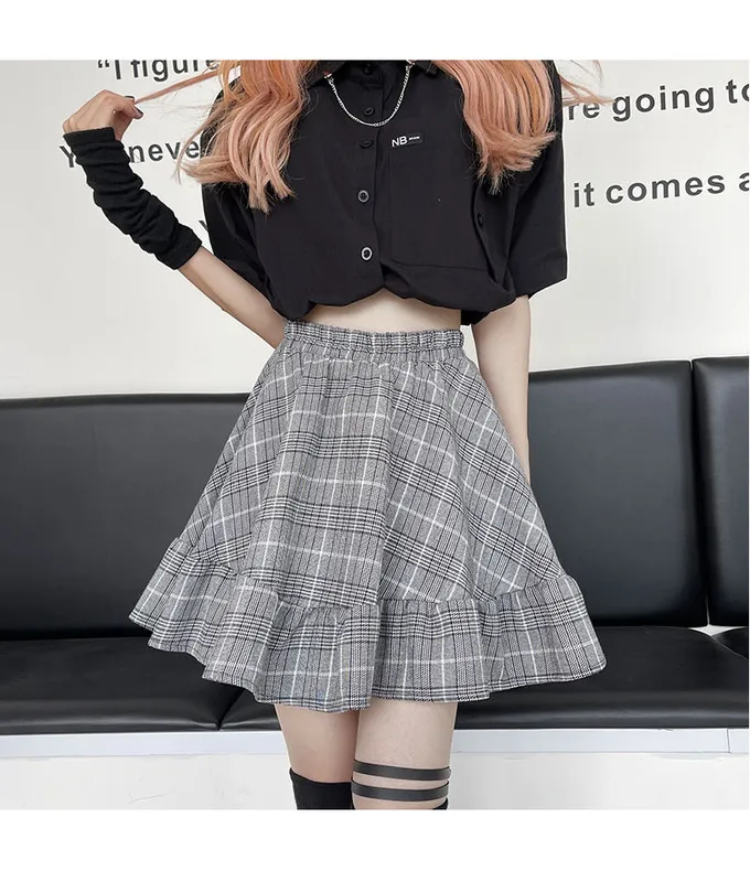 Harajuku Dark Gothic High Waist Plaid A-line Pleated Skirt Splicing Cargo dress