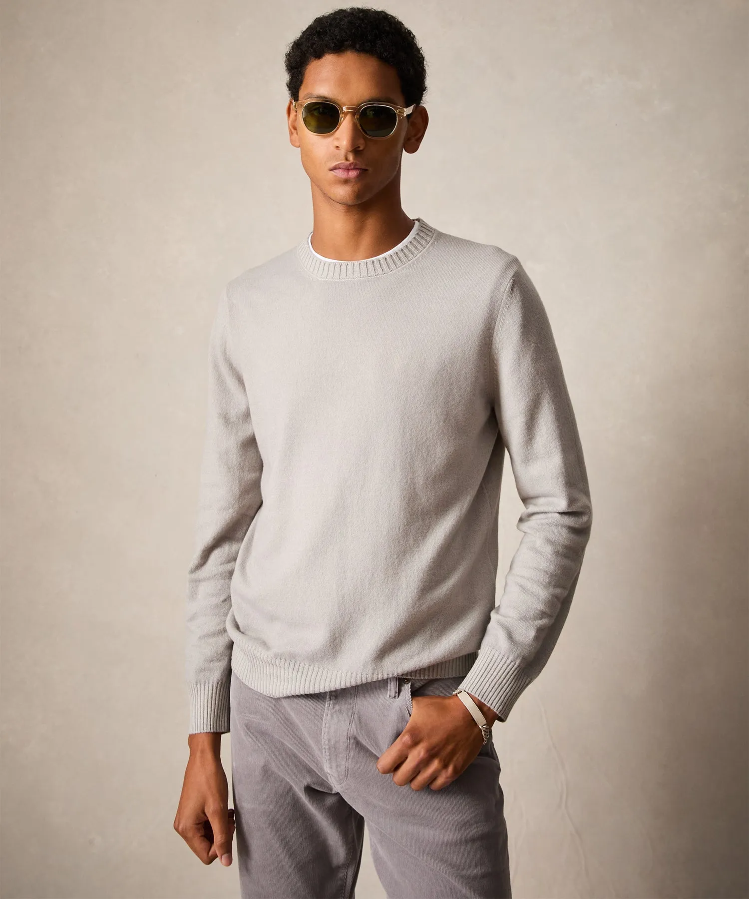 Italian Garment Dyed Wool Cashmere Crewneck Sweater in Beige
