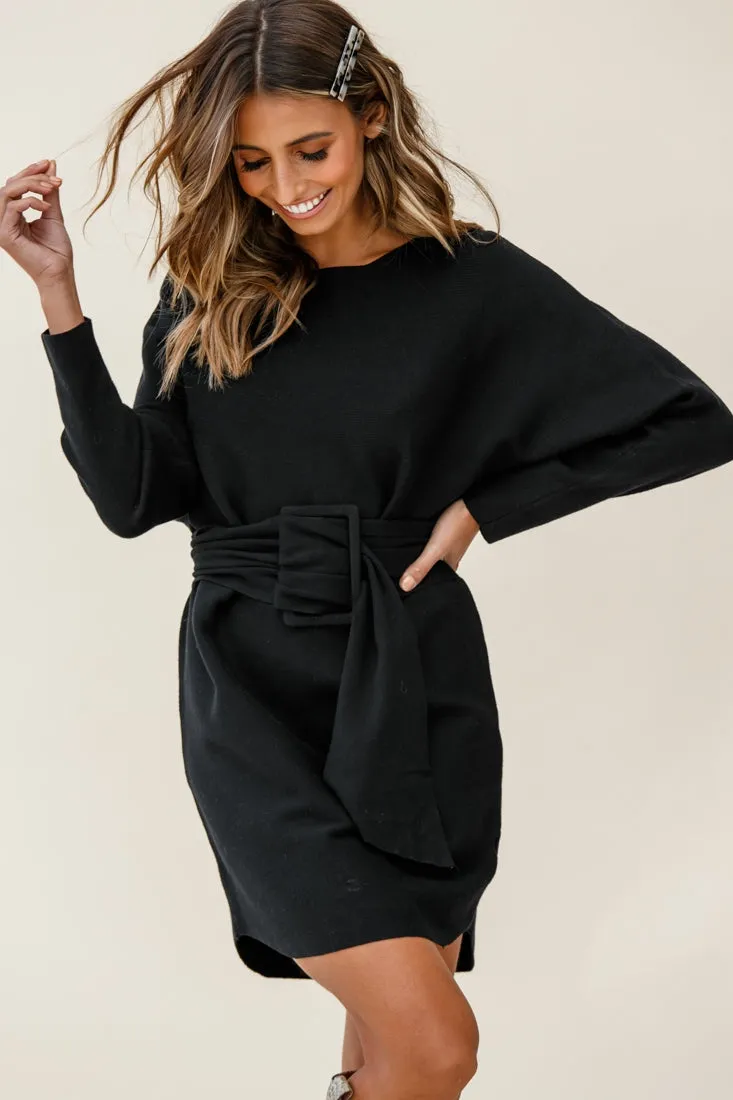 Lorelei Long Sleeve Wide Belt Knit Dress Black
