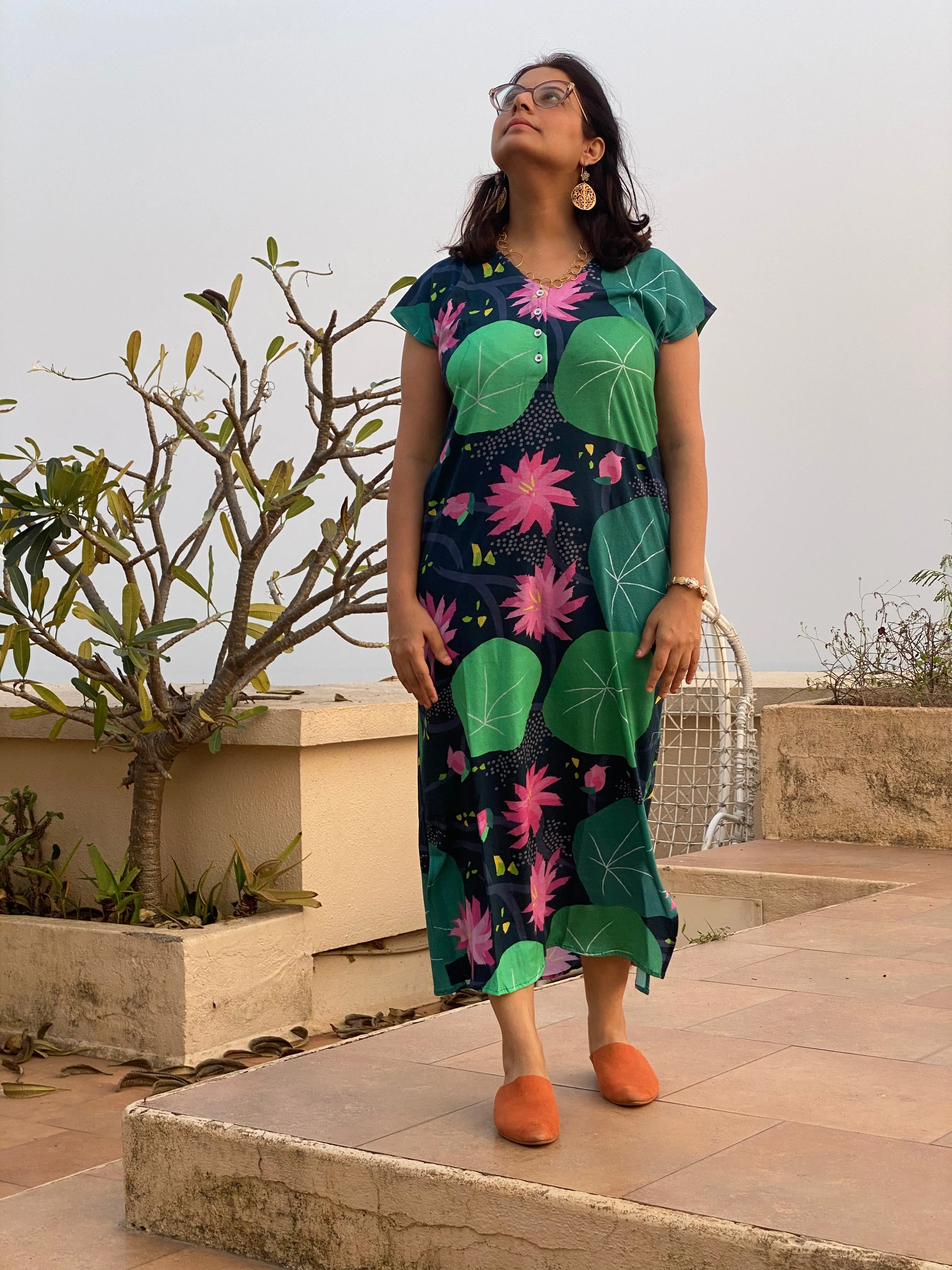 Lounging Lotus "My Mojo" Lounge Dress | Soft Jersey Knit Organic Cotton | Oversized House Dress