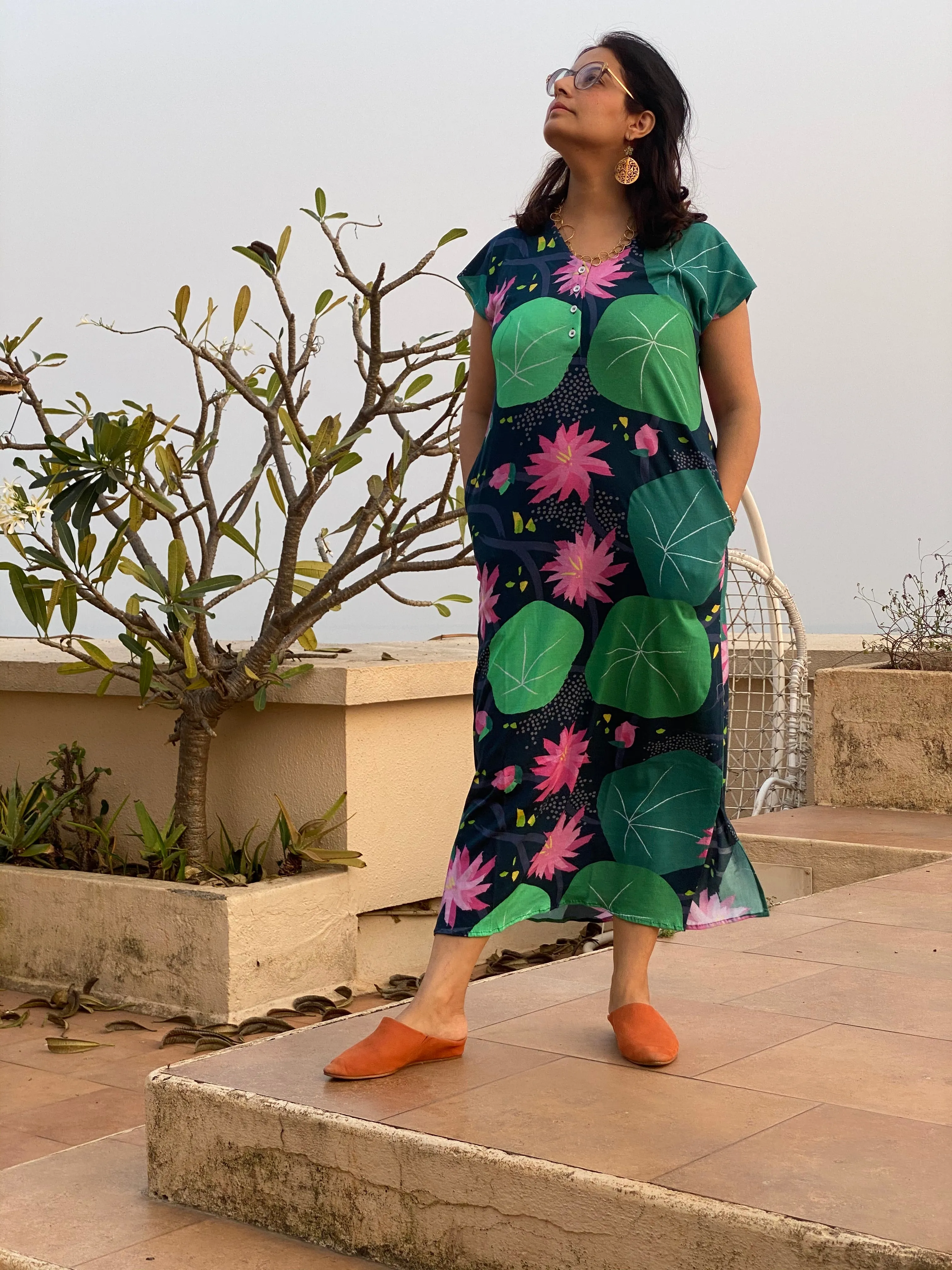 Lounging Lotus "My Mojo" Lounge Dress | Soft Jersey Knit Organic Cotton | Oversized House Dress