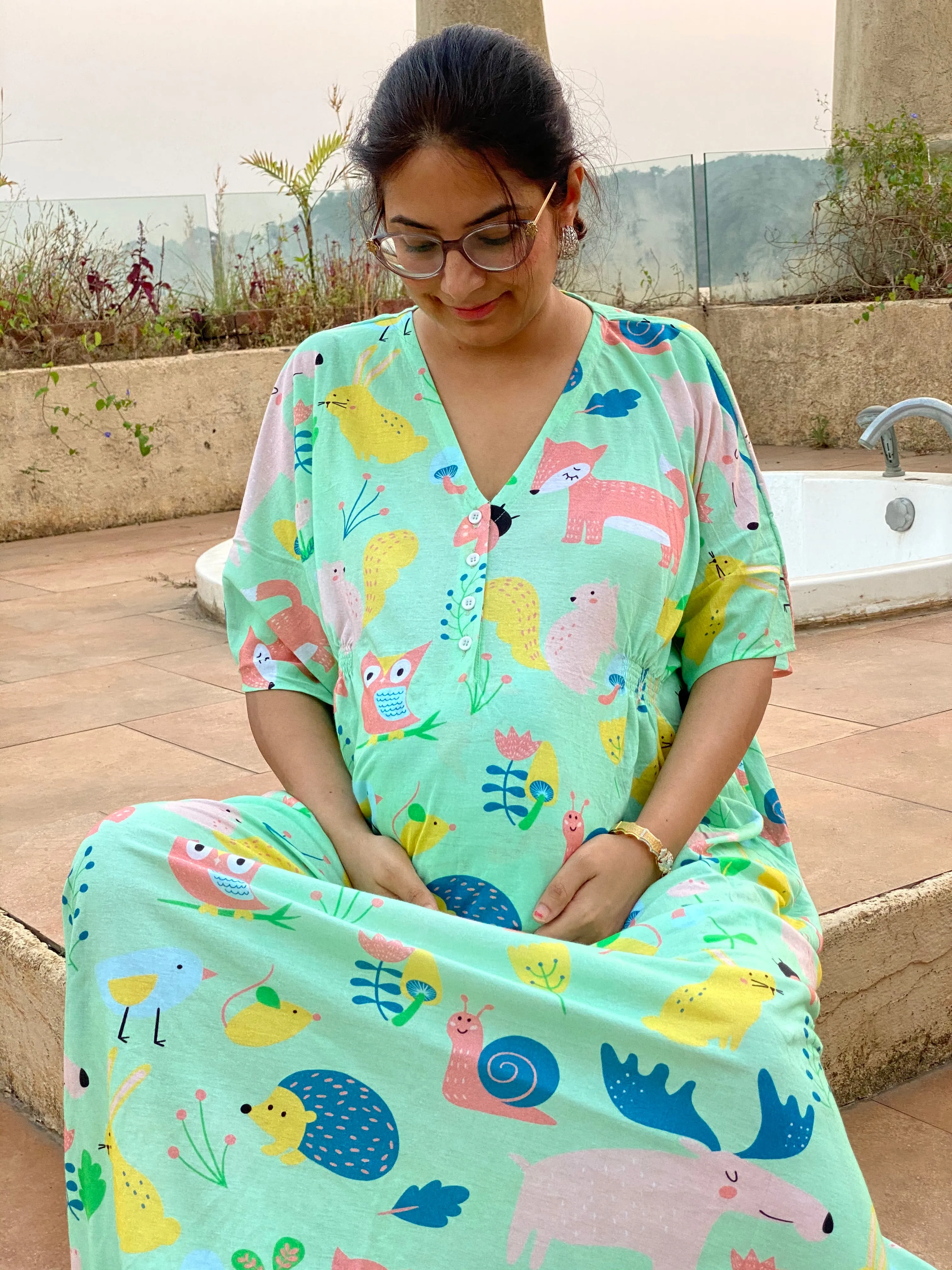 My Baby Zoo in Mint Maternity "Stunningly Simple" Style Caftan | Soft Jersey Knit Organic Cotton | Maternity House Dress