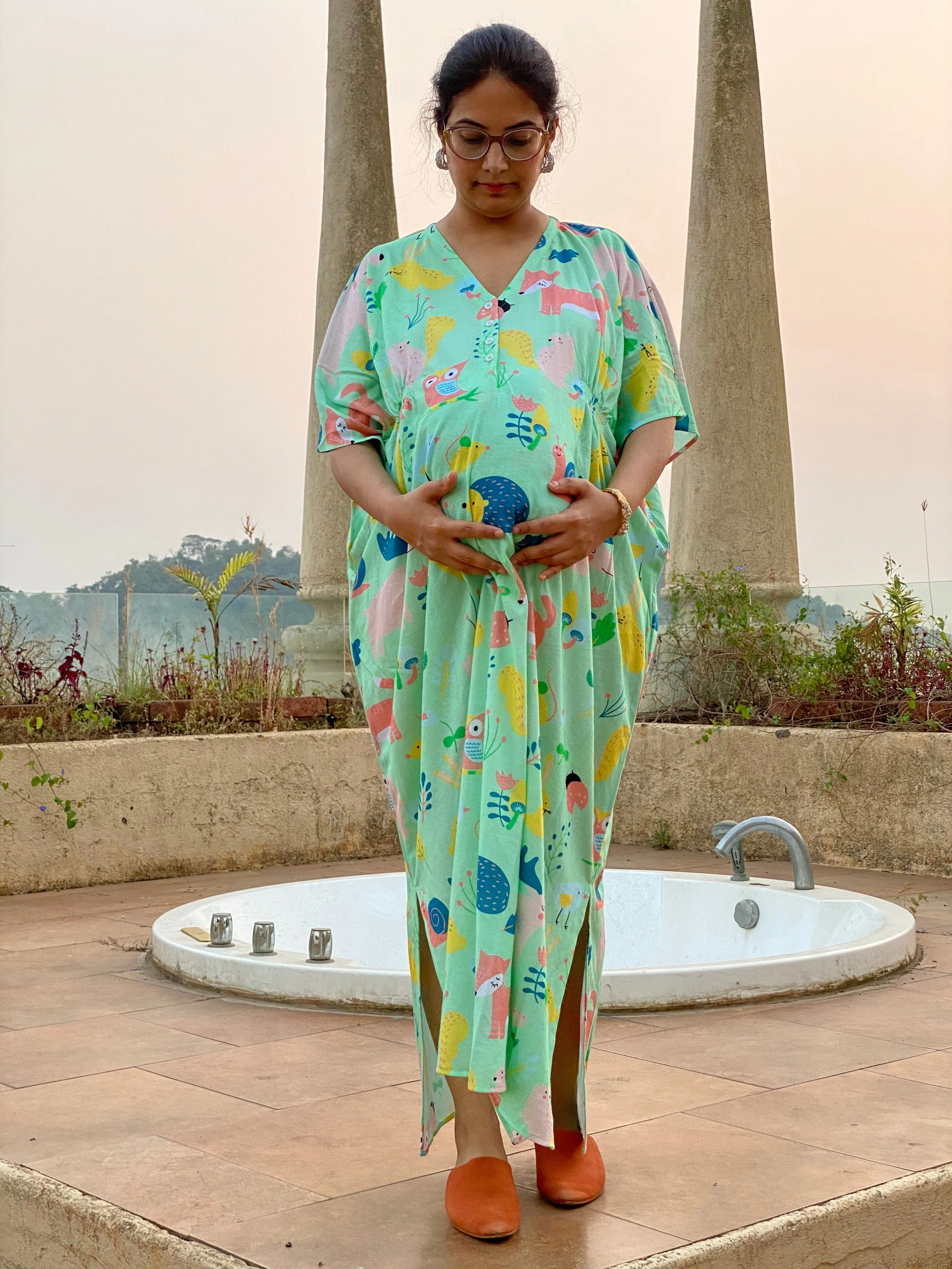 My Baby Zoo in Mint Maternity "Stunningly Simple" Style Caftan | Soft Jersey Knit Organic Cotton | Maternity House Dress
