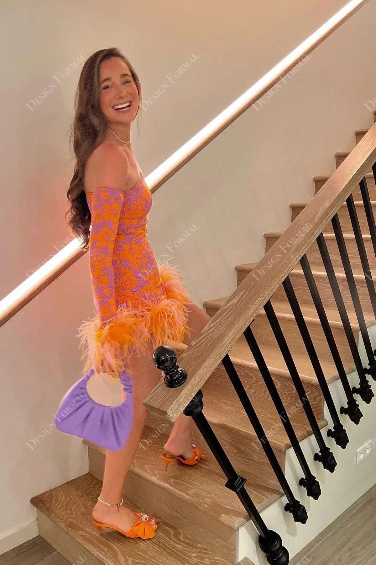 Orange Feather Off-Shoulder Short Tailor-Made Cocktail Dress