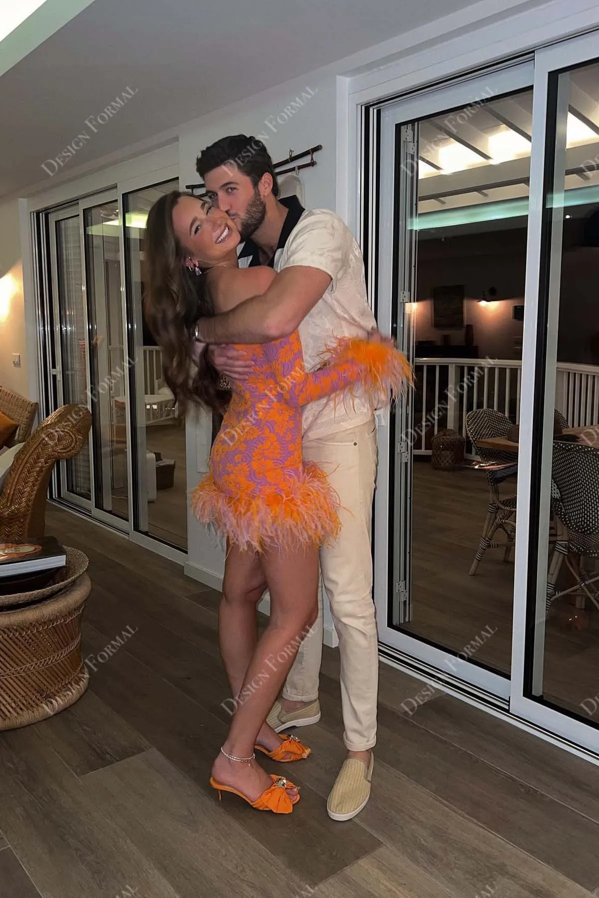 Orange Feather Off-Shoulder Short Tailor-Made Cocktail Dress