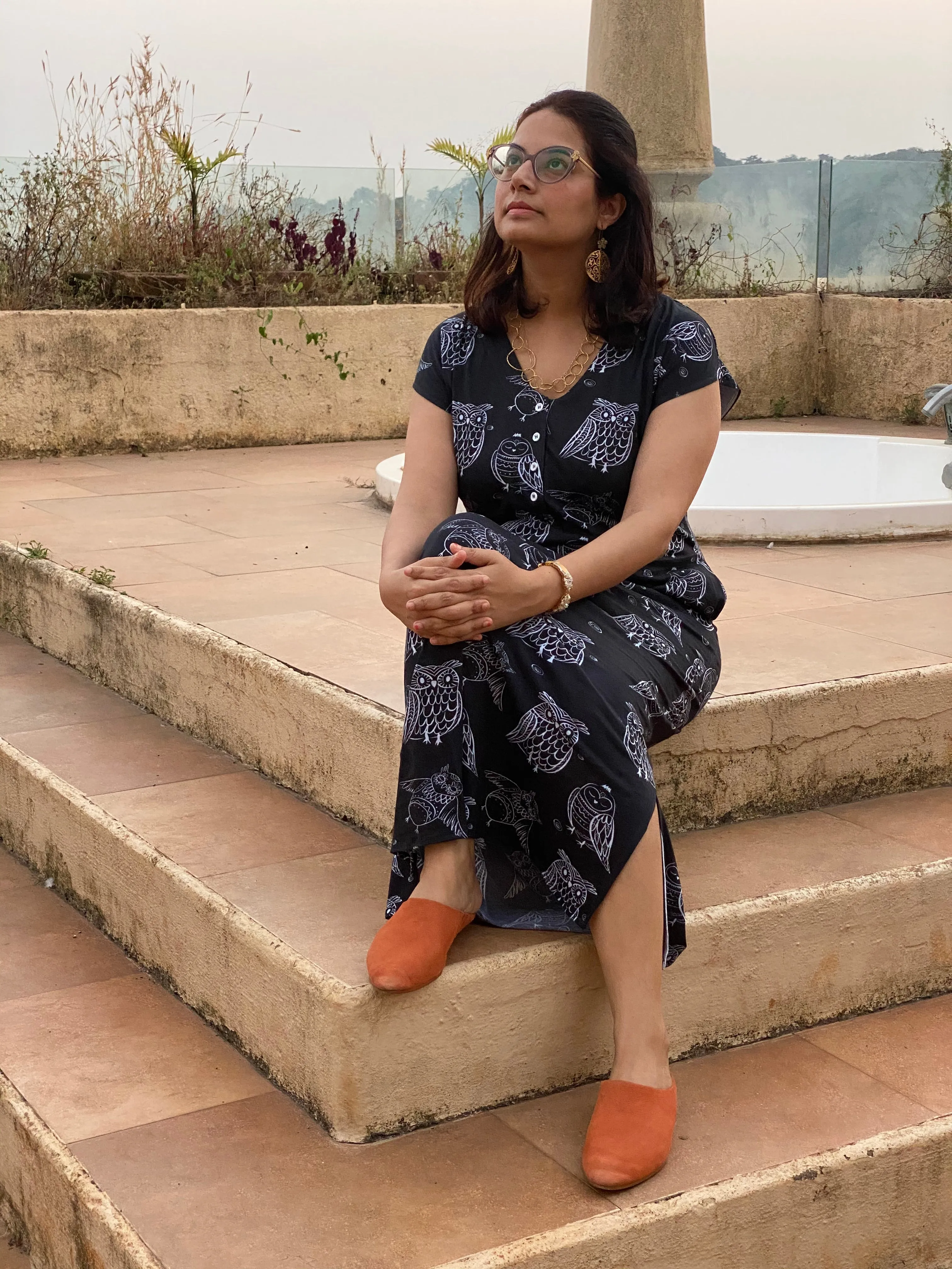 Owling Away in Black "My Mojo" Lounge Dress | Soft Jersey Knit Organic Cotton | Oversized House Dress