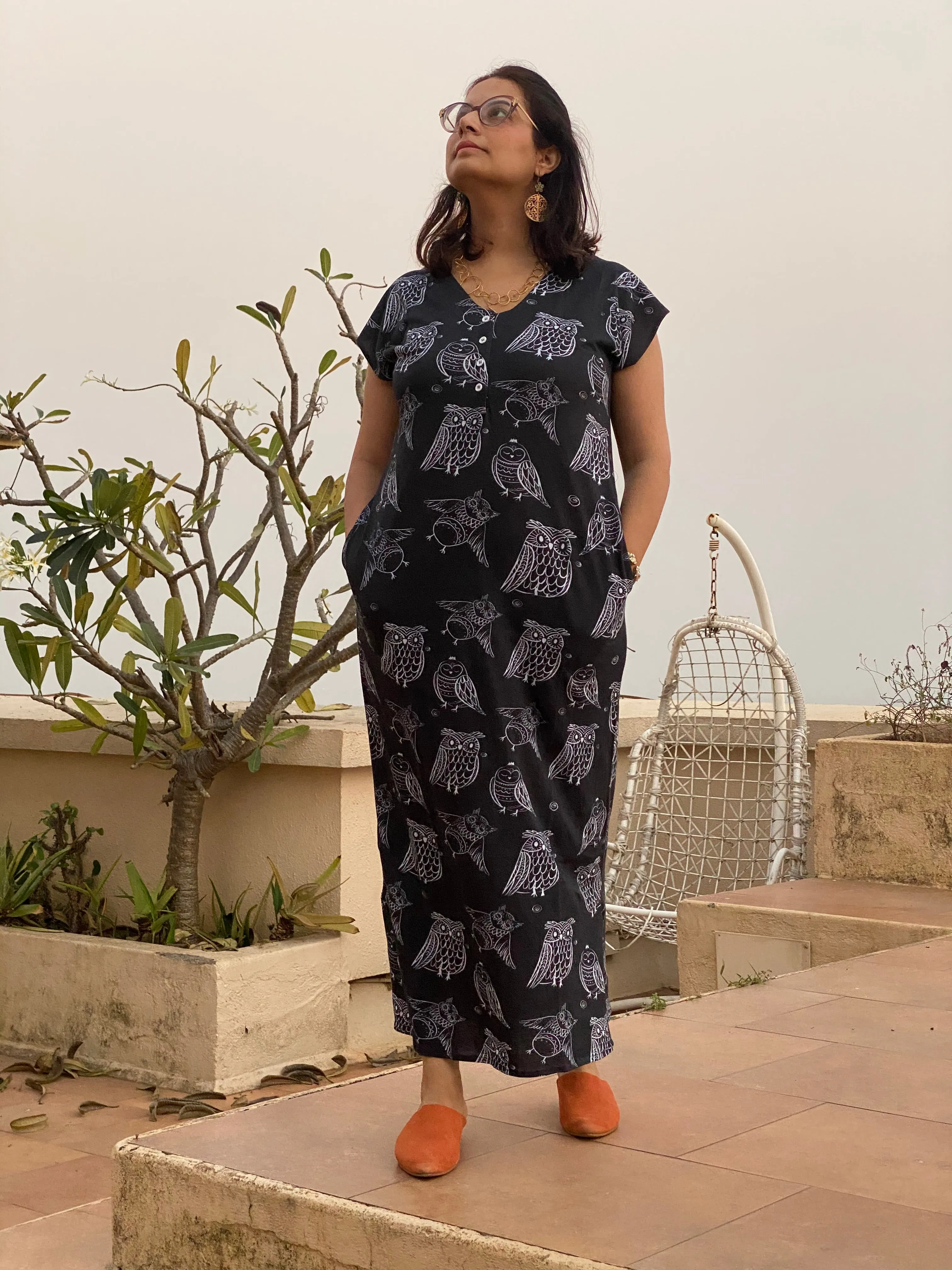 Owling Away in Black "My Mojo" Lounge Dress | Soft Jersey Knit Organic Cotton | Oversized House Dress