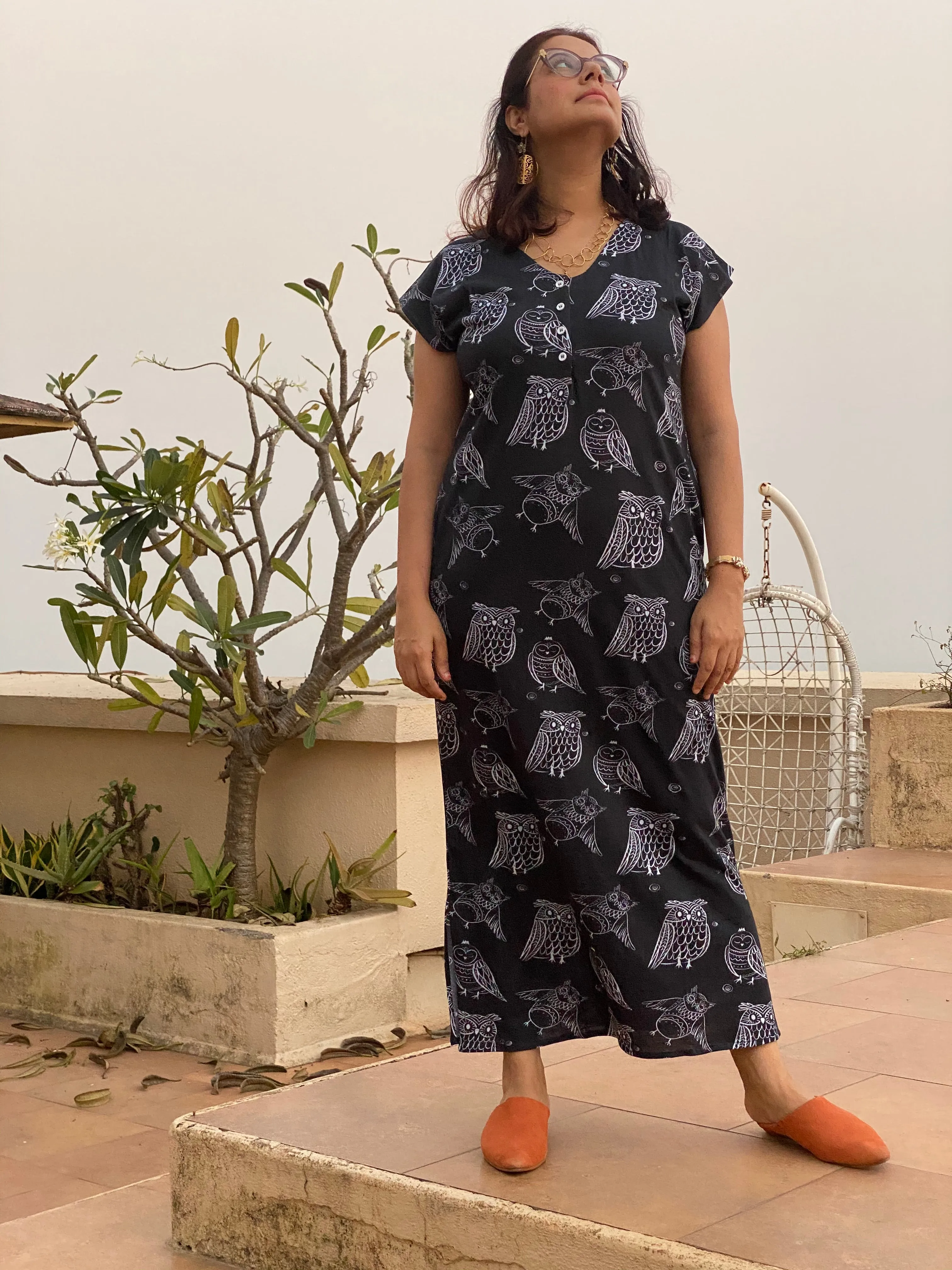 Owling Away in Black "My Mojo" Lounge Dress | Soft Jersey Knit Organic Cotton | Oversized House Dress
