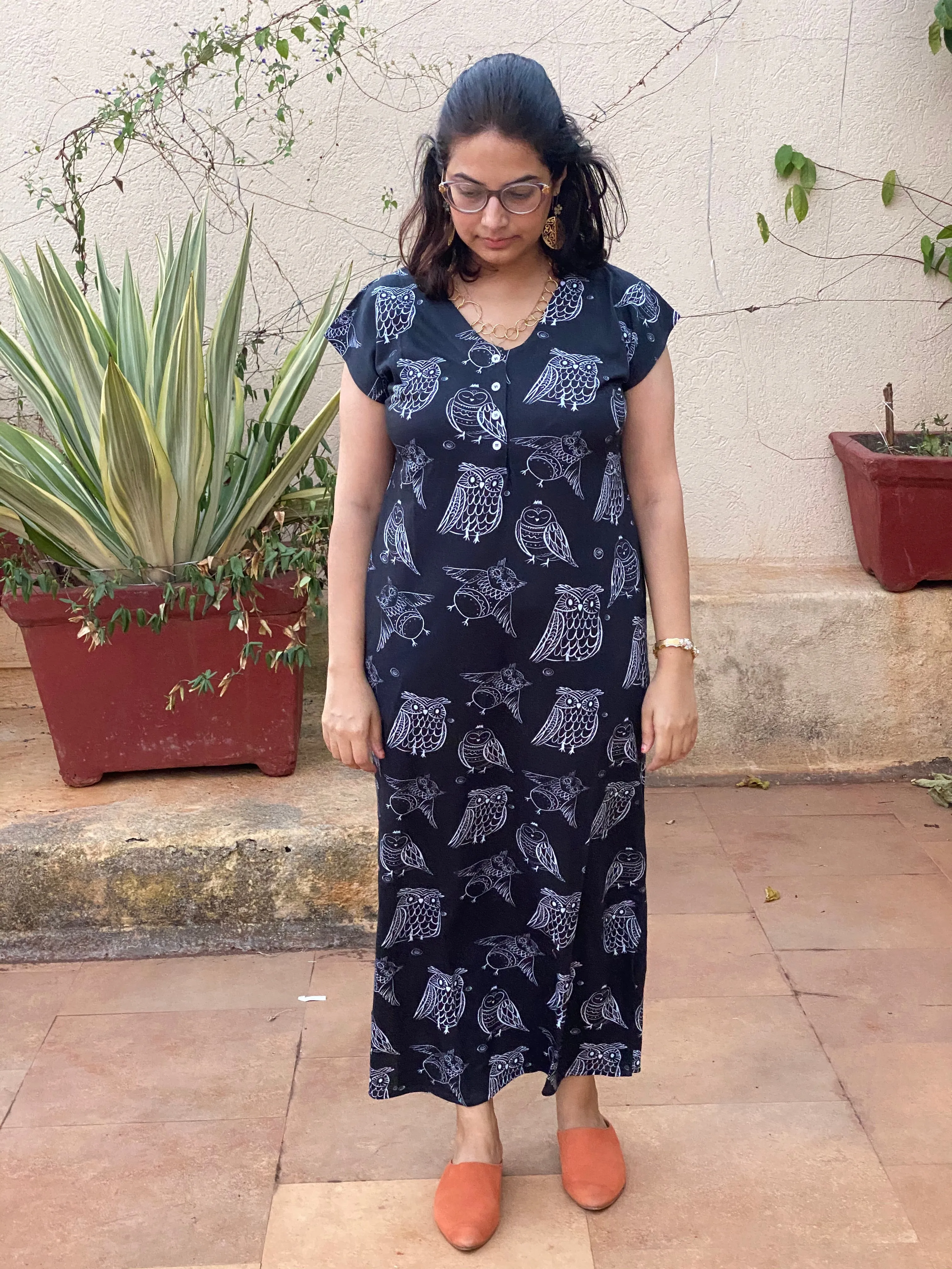 Owling Away in Black "My Mojo" Lounge Dress | Soft Jersey Knit Organic Cotton | Oversized House Dress