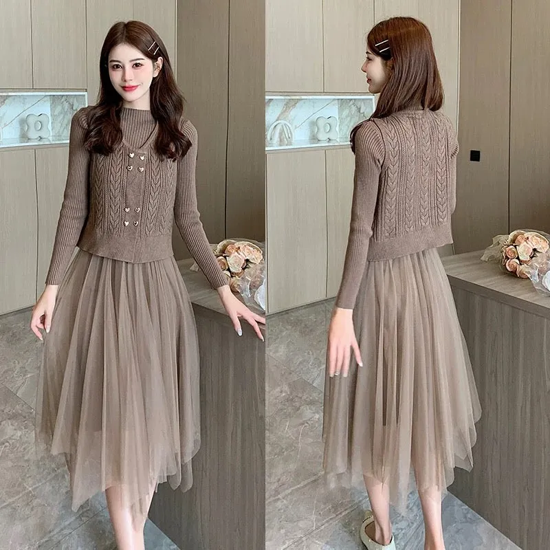Pankh Karla Knit Wool Dress with Heart Detailing Button Wool Coat