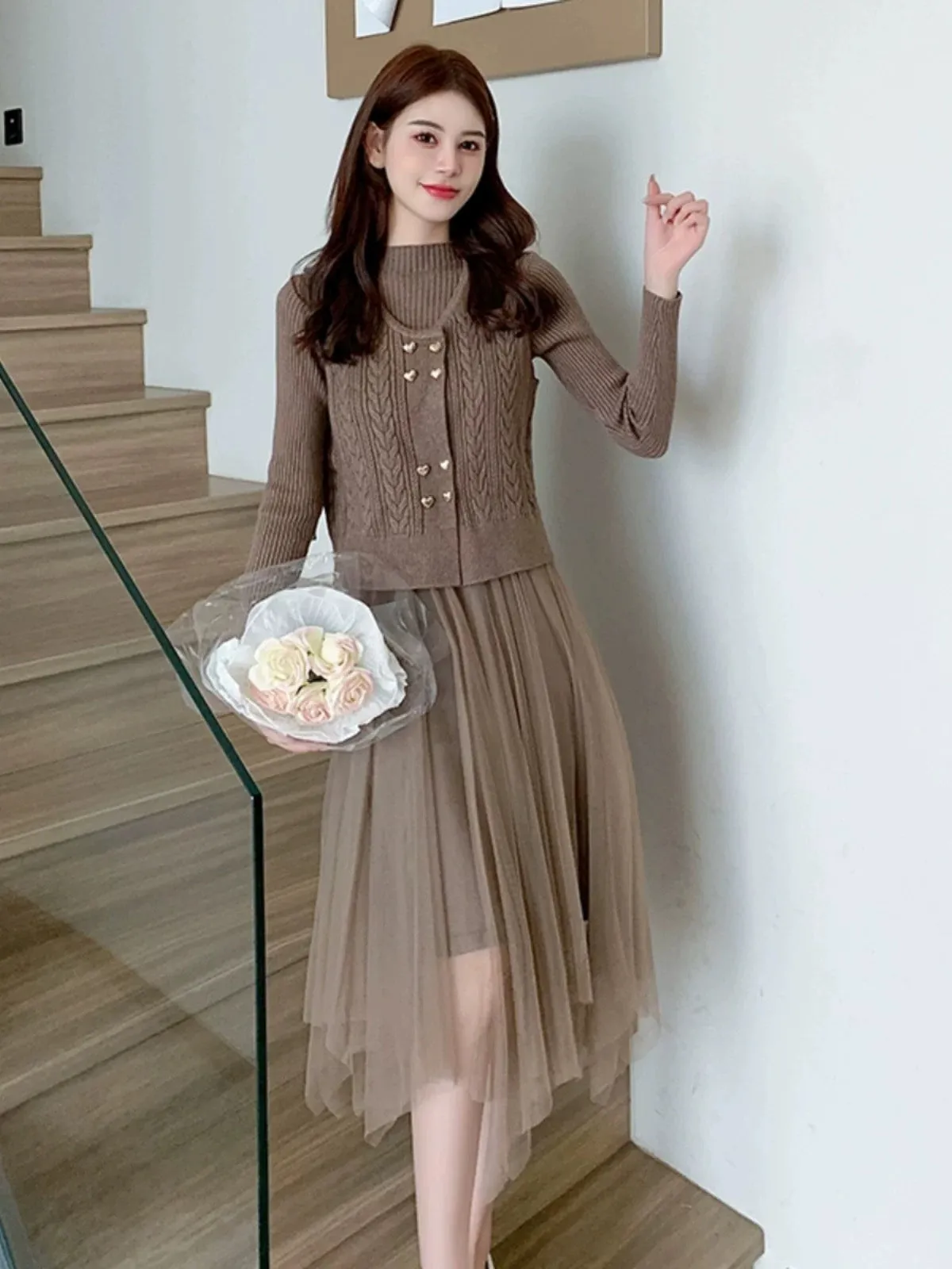 Pankh Karla Knit Wool Dress with Heart Detailing Button Wool Coat
