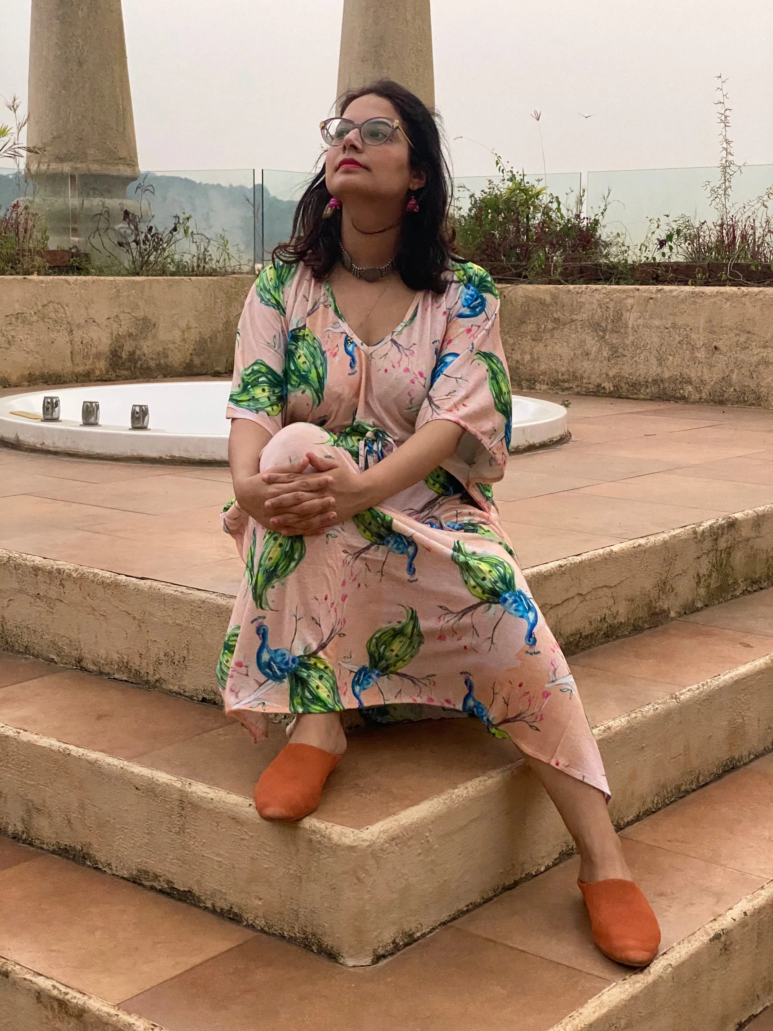 Peacock's Plume "Timeless" Style Caftan | Soft Jersey Knit Organic Cotton | Perfect Loungewear House Dress