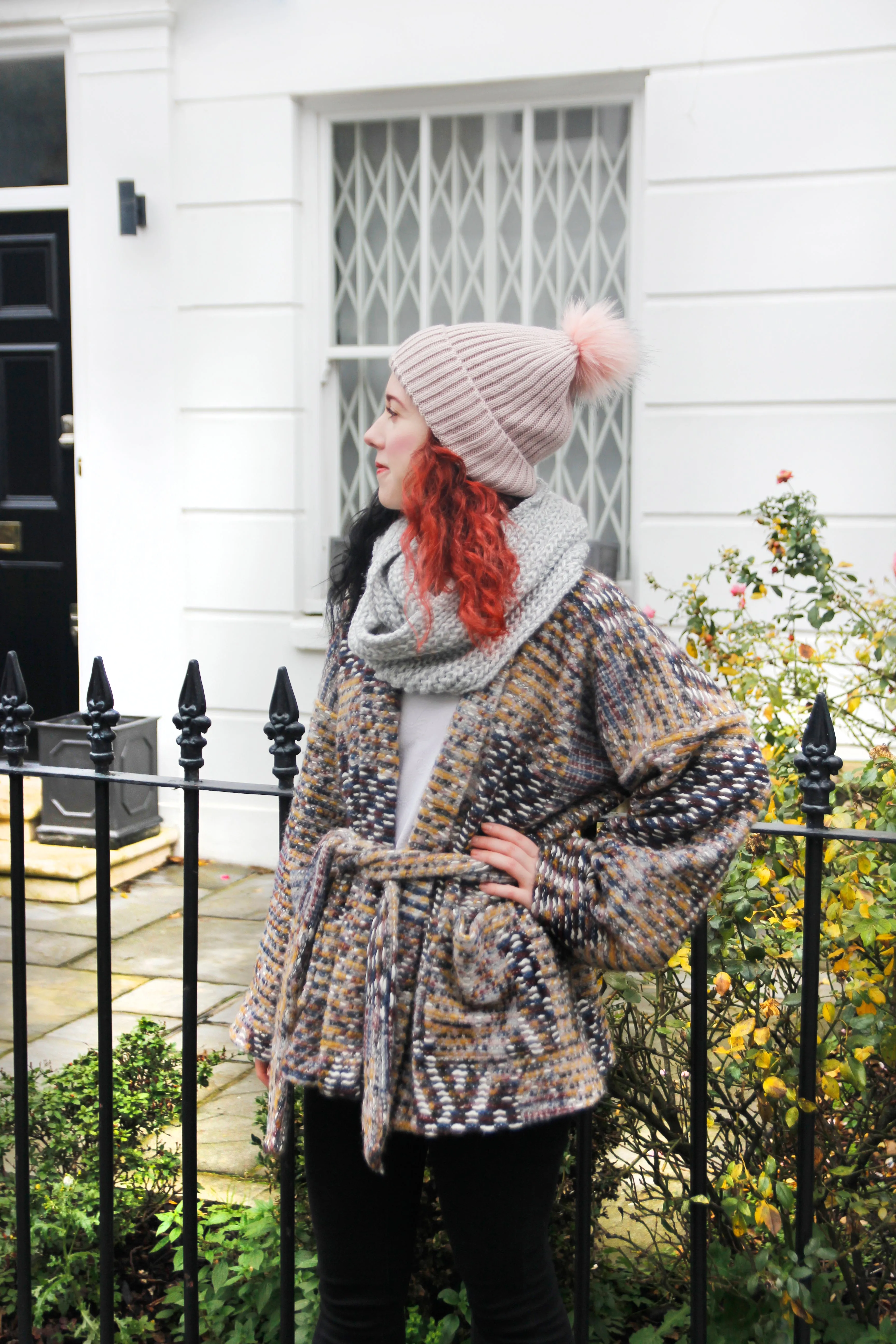 Pink Ribbed Knitted Women's Winter Beanie Bobble hat with faux fur Pom Pom