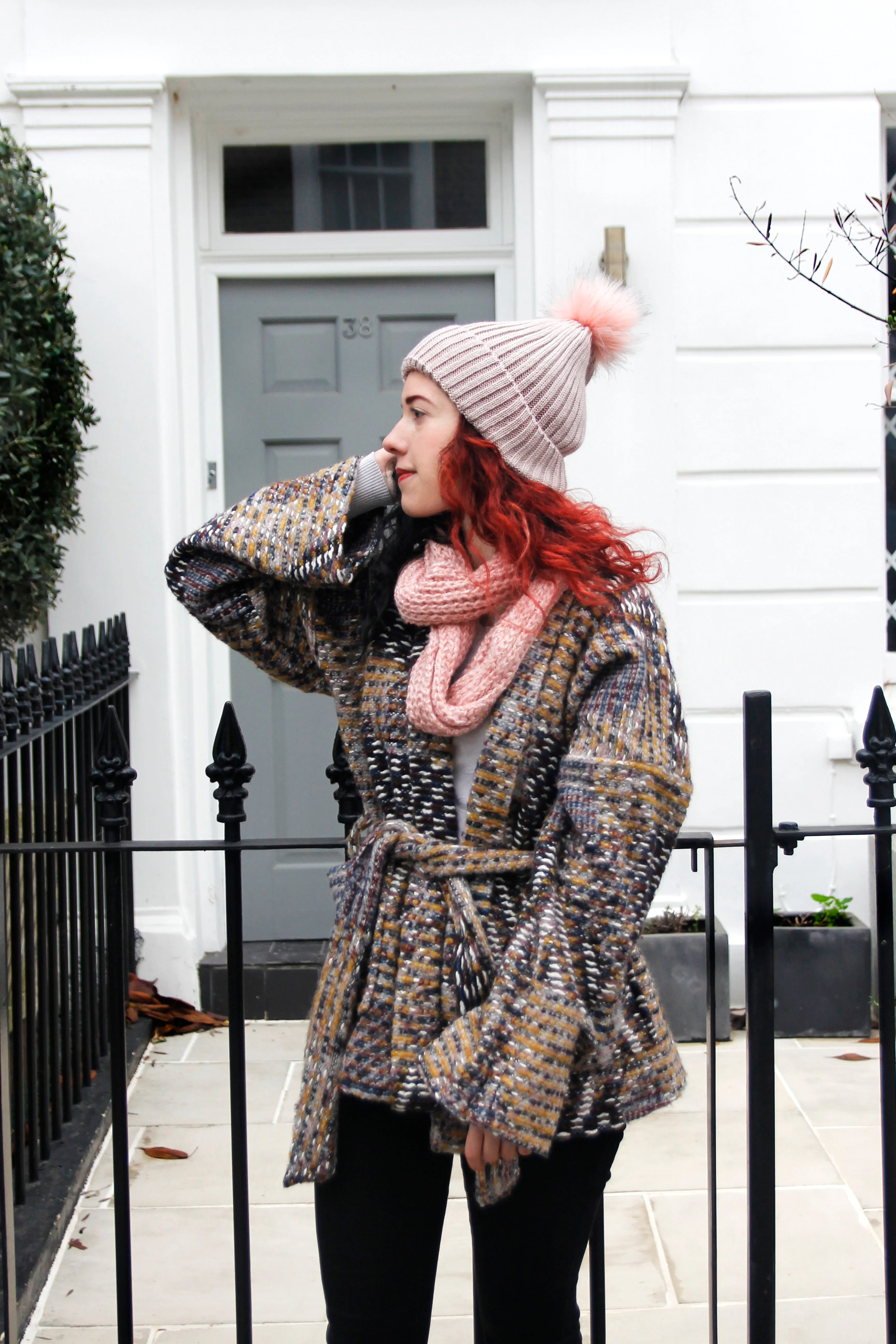 Pink Ribbed Knitted Women's Winter Beanie Bobble hat with faux fur Pom Pom