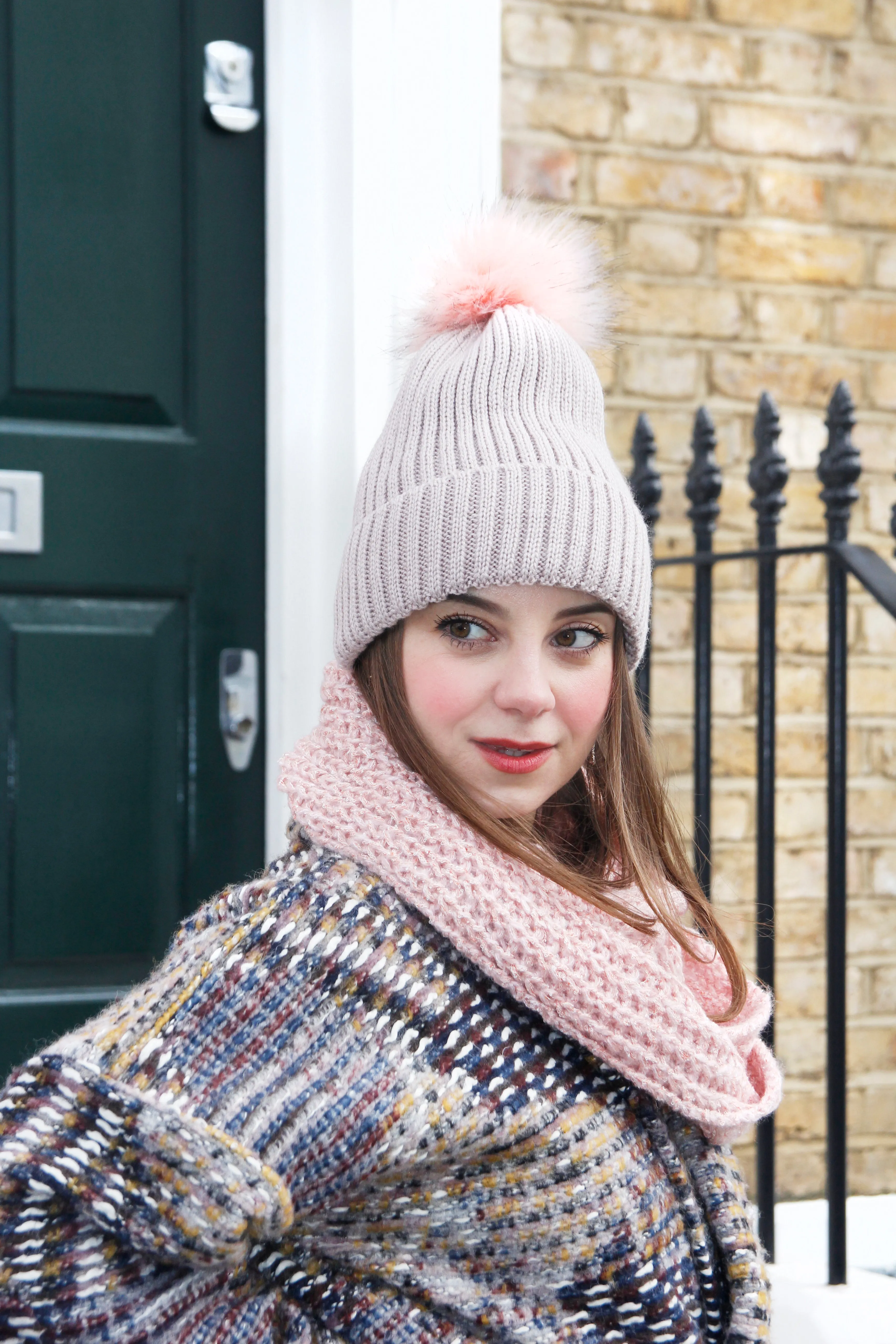 Pink Ribbed Knitted Women's Winter Beanie Bobble hat with faux fur Pom Pom