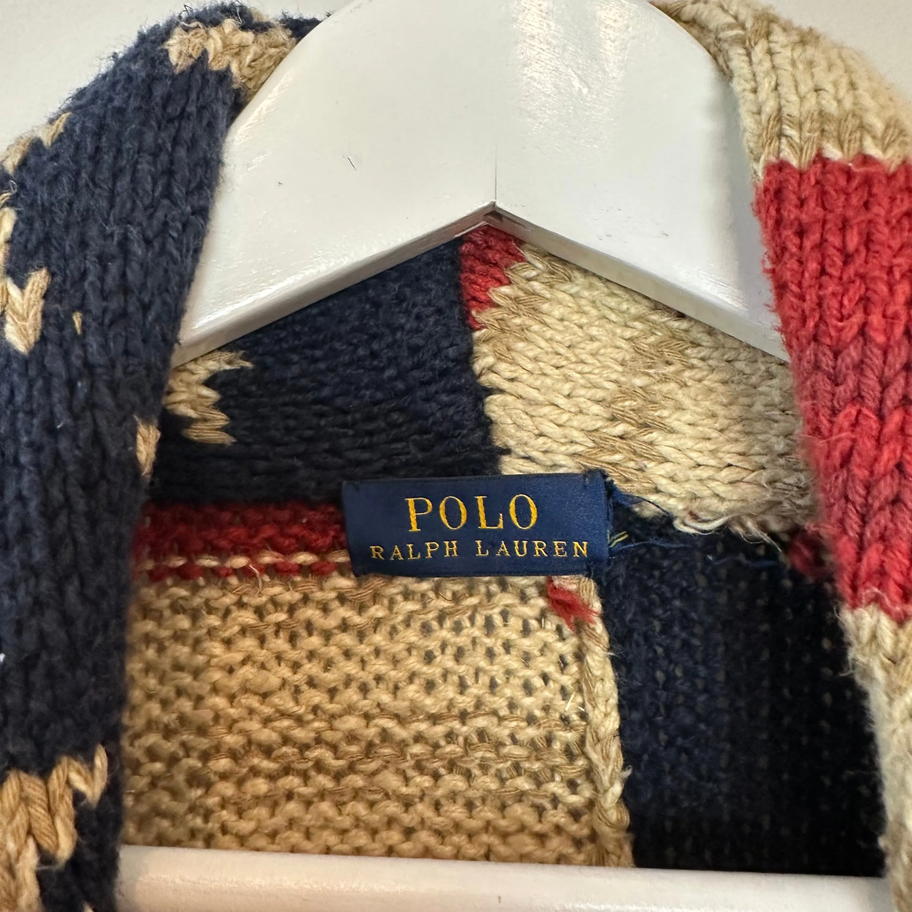 Polo Ralph Lauren American Flag Cardigan Sweater Chunky Knit Shawl Collar USA