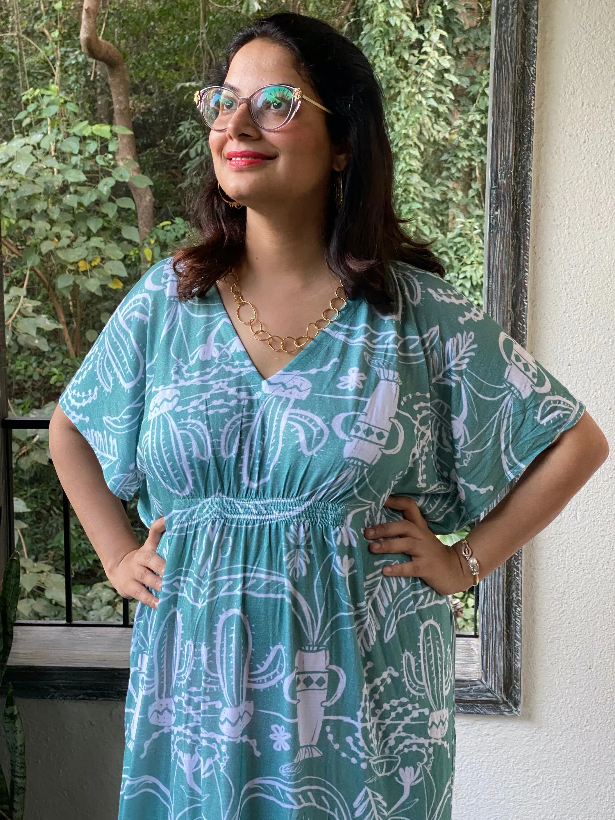 Sage Cute Cacti "Stunningly Simple" Style Caftan | Soft Jersey Knit Organic Cotton | Perfect Loungewear House Dress