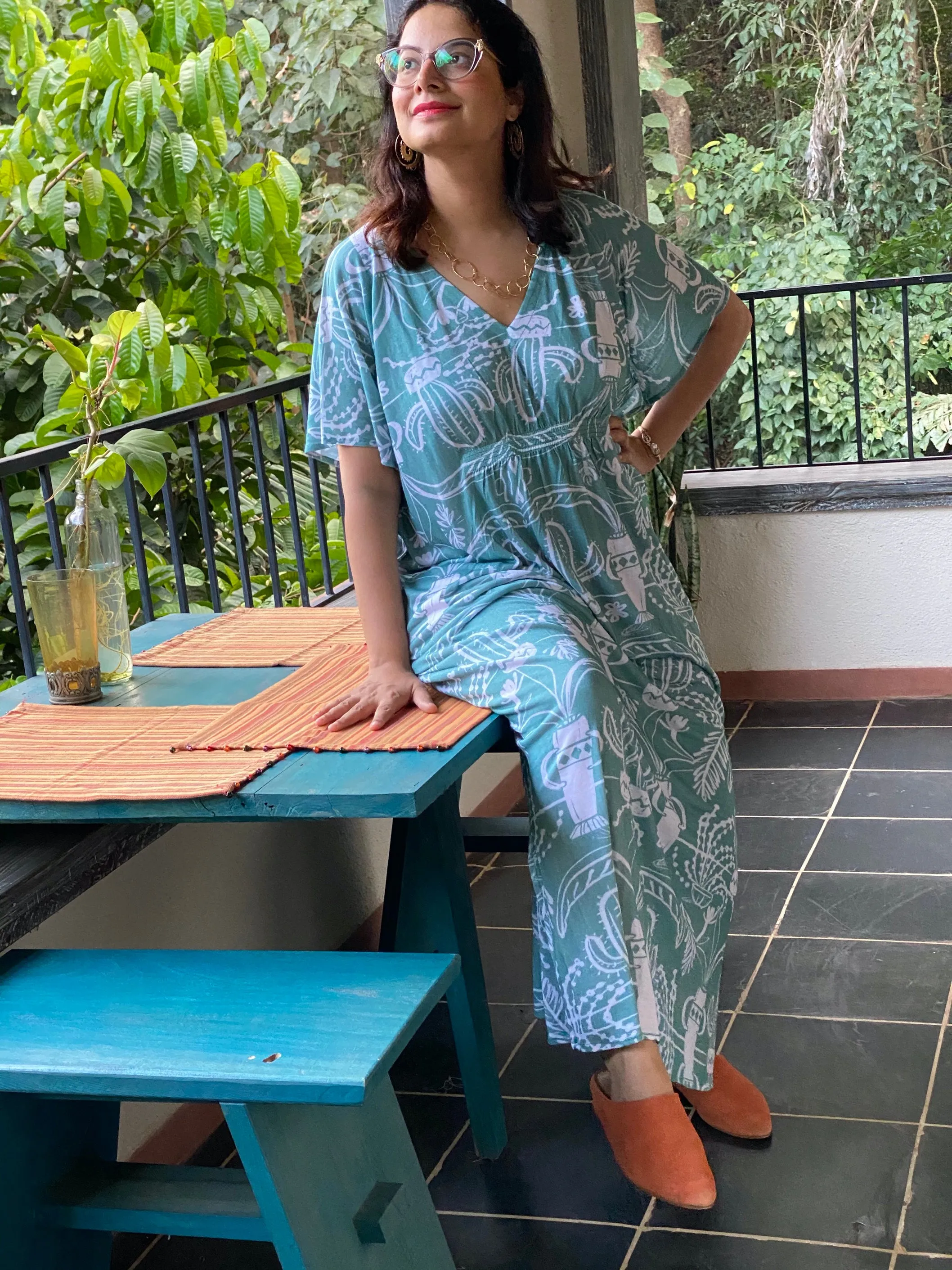 Sage Cute Cacti "Stunningly Simple" Style Caftan | Soft Jersey Knit Organic Cotton | Perfect Loungewear House Dress