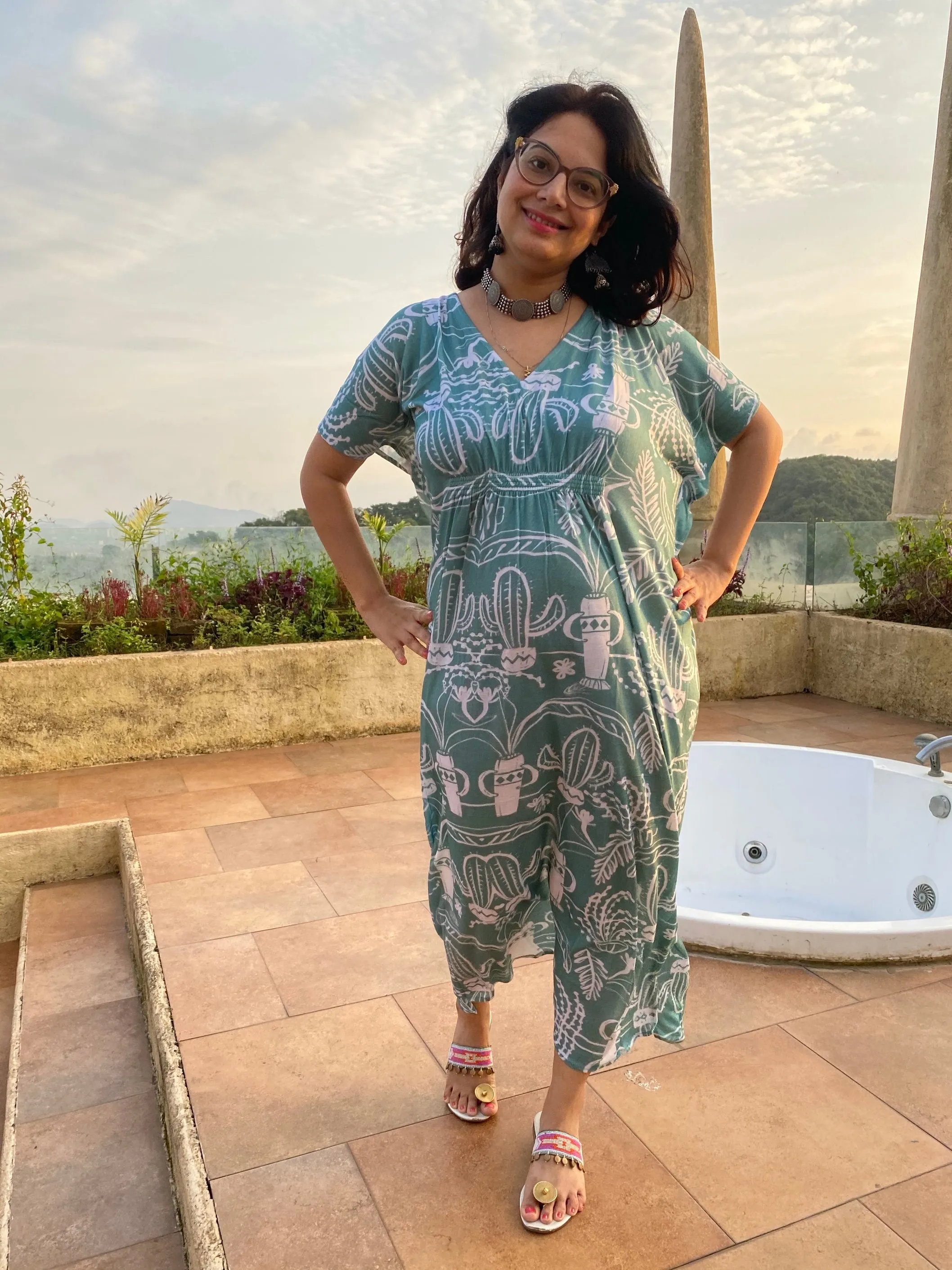 Sage Cute Cacti "Stunningly Simple" Style Caftan | Soft Jersey Knit Organic Cotton | Perfect Loungewear House Dress