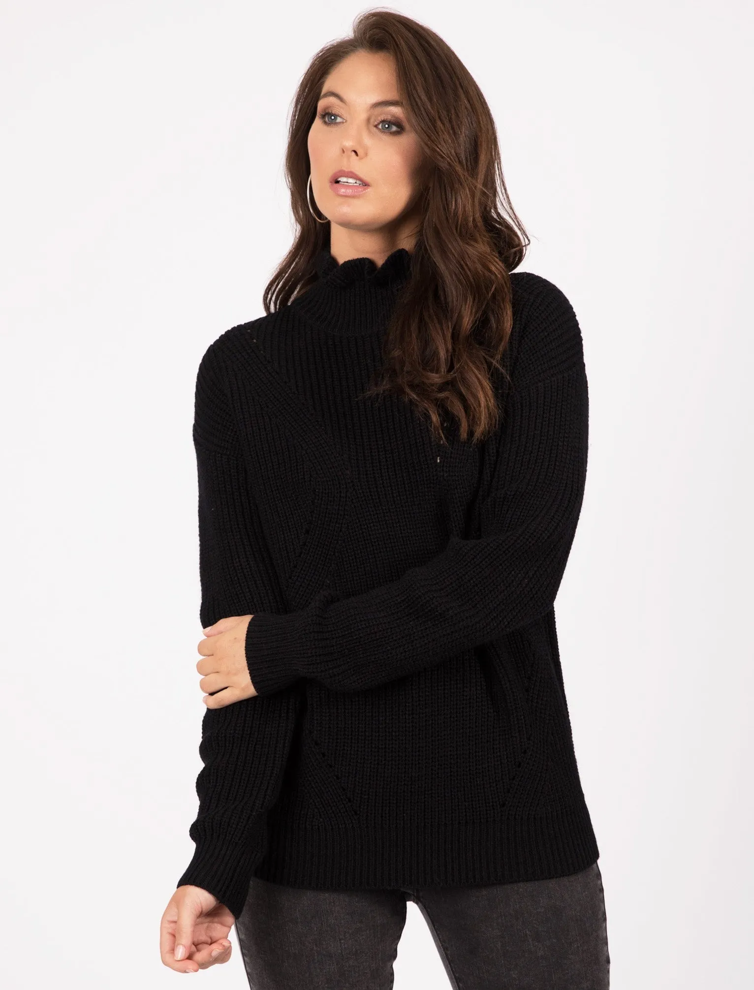 Sasha Ruffle Neck Pointelle Knit Jumper in Black - Tokyo Laundry